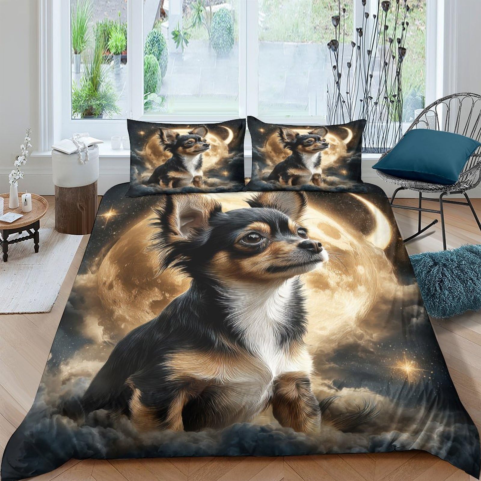 Ctjqhvkz Style-10 3D Printed Moon Chihuahua Fitted Sheet Microfiber Soft Breathable Dog Art Mattress Cover For Bedroom Guestroom Decor Single（135X200cm）