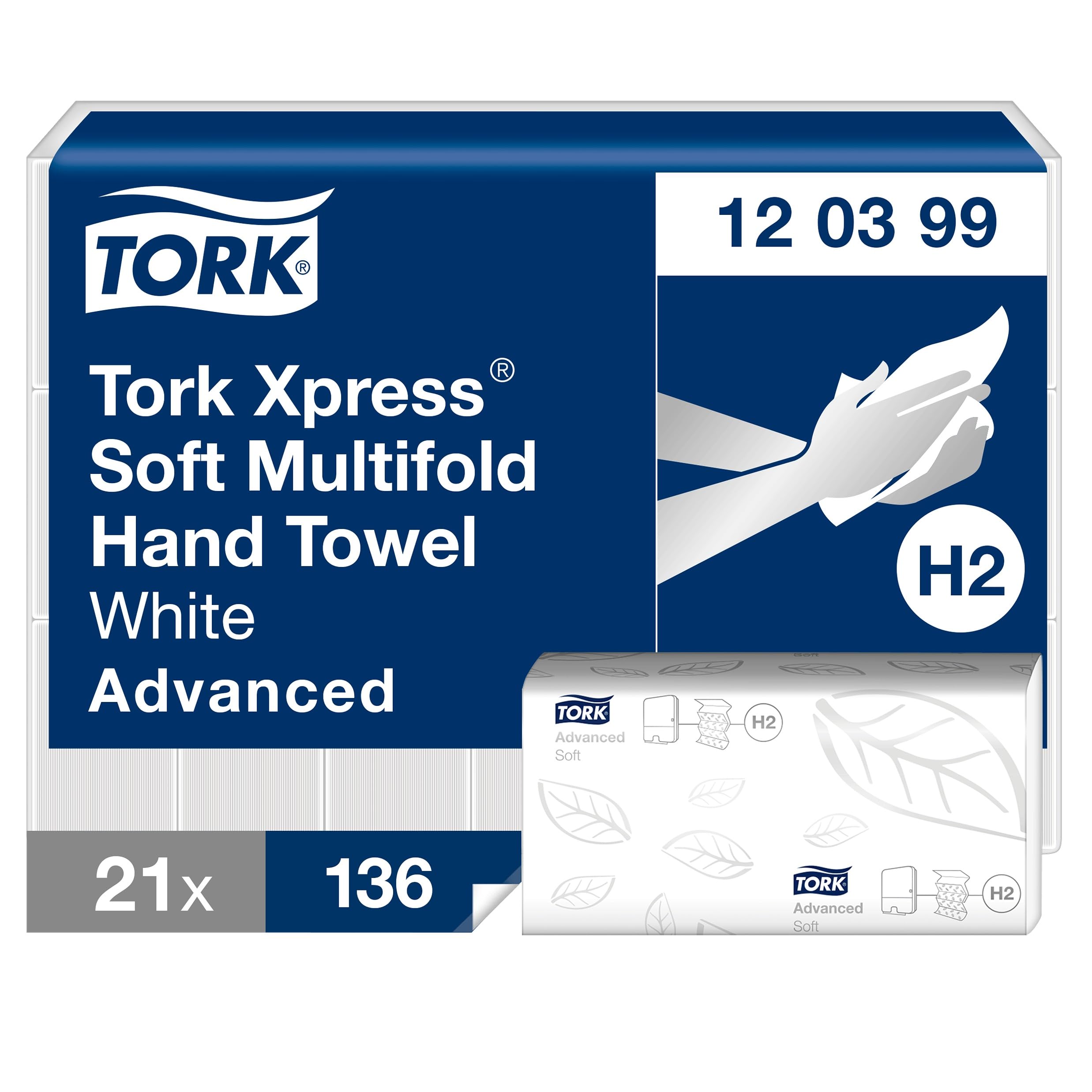 Tork Xpress Grands essuie-mains interfoliés blancs H2, Advanced, 2 plis, absorbants, 21 x 136 feuilles, 120399
