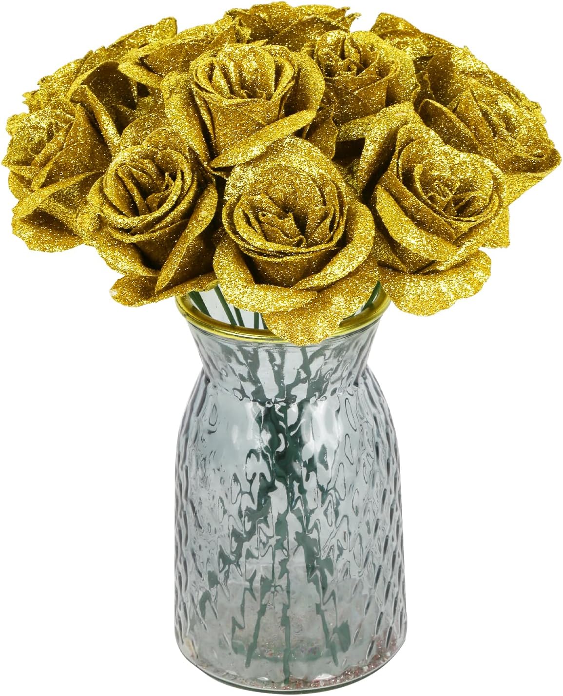 Gold Roses Artificial Flowers,30PCS Glitter Roses Bouquet Faux Roses with Stems for DIY Crafts Wedding Bouquet Party Home Decor(Gold)