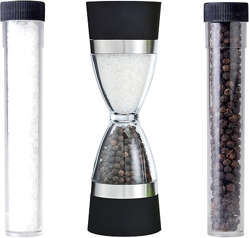 Orii Juego de molinillo de sal y pimienta de reloj de arena 2 en 1, transparente