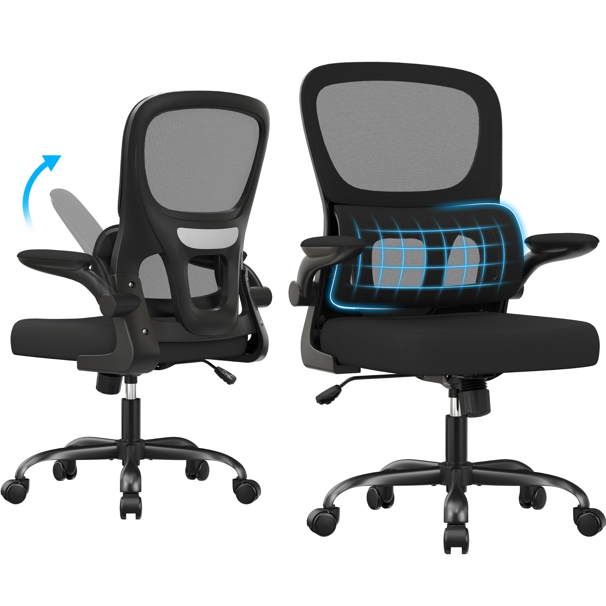 Soohow Ergonomiczne krzesło do biura domowego, siatkowe krzesło biurkowe z podparciem lędźwiowym, wygodne krzesło komputerowe z odchylanymi podłokietnikami, czarne