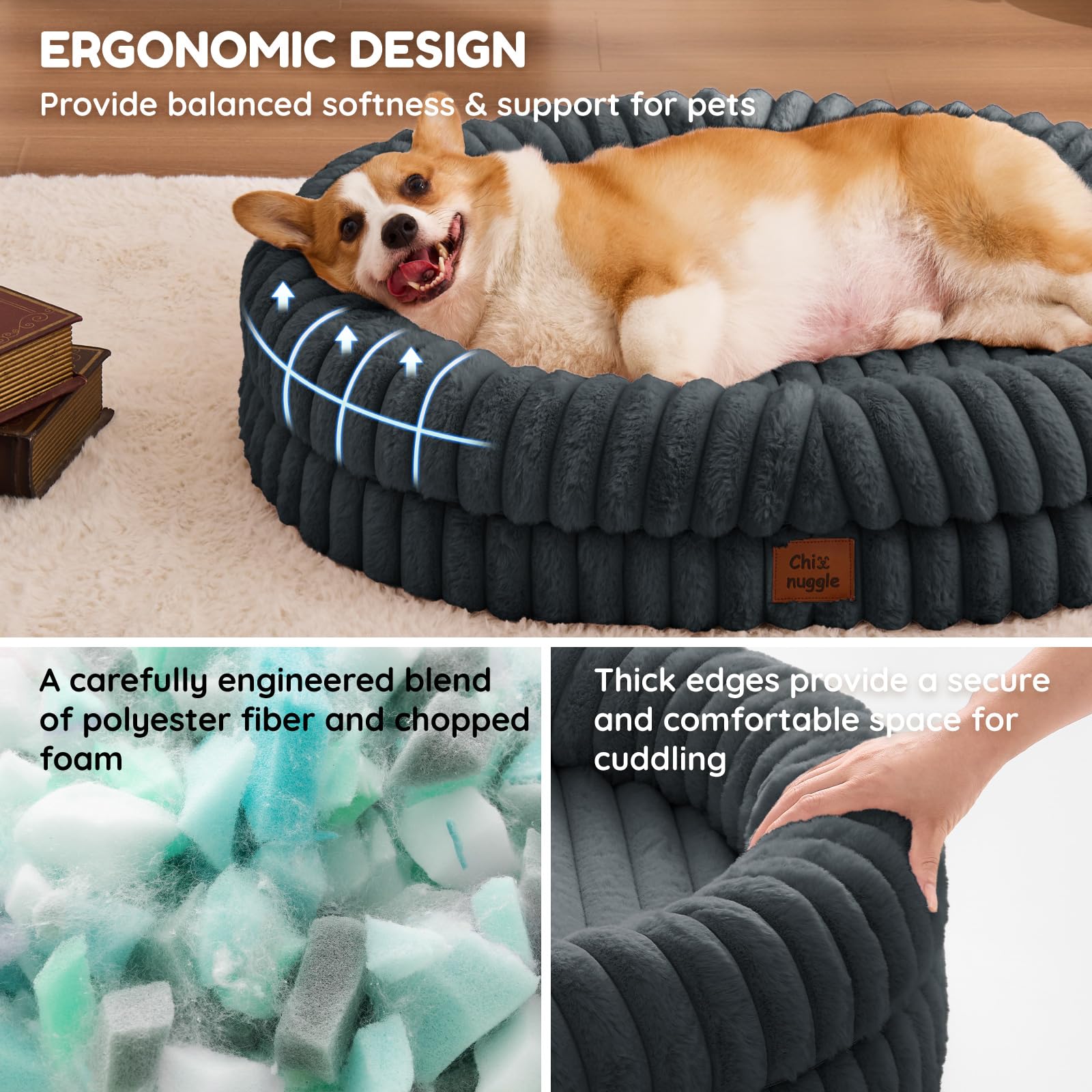 Dog Bed Large Sized Dog - Luxury Striped Faux Fur Waterproof Pet Couch with Removable Washable Cover, Orthopedic Pet Bed with Bolster Sides for Sleeping, Dark Grey - image 3