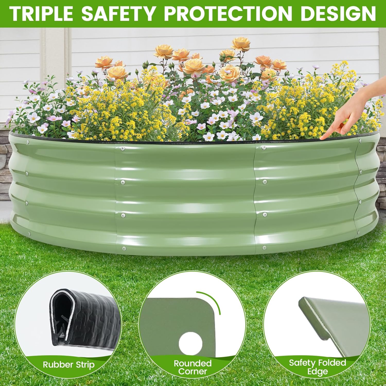 Galvanized Raised Garden Bed Outdoor 2Pcs | 4x4x1ft Metal Raised Beds for Gardening with Safety Rubber Strip | Round Planter Box for Plants Like Vegetables Fruits Flowers, Olive Green