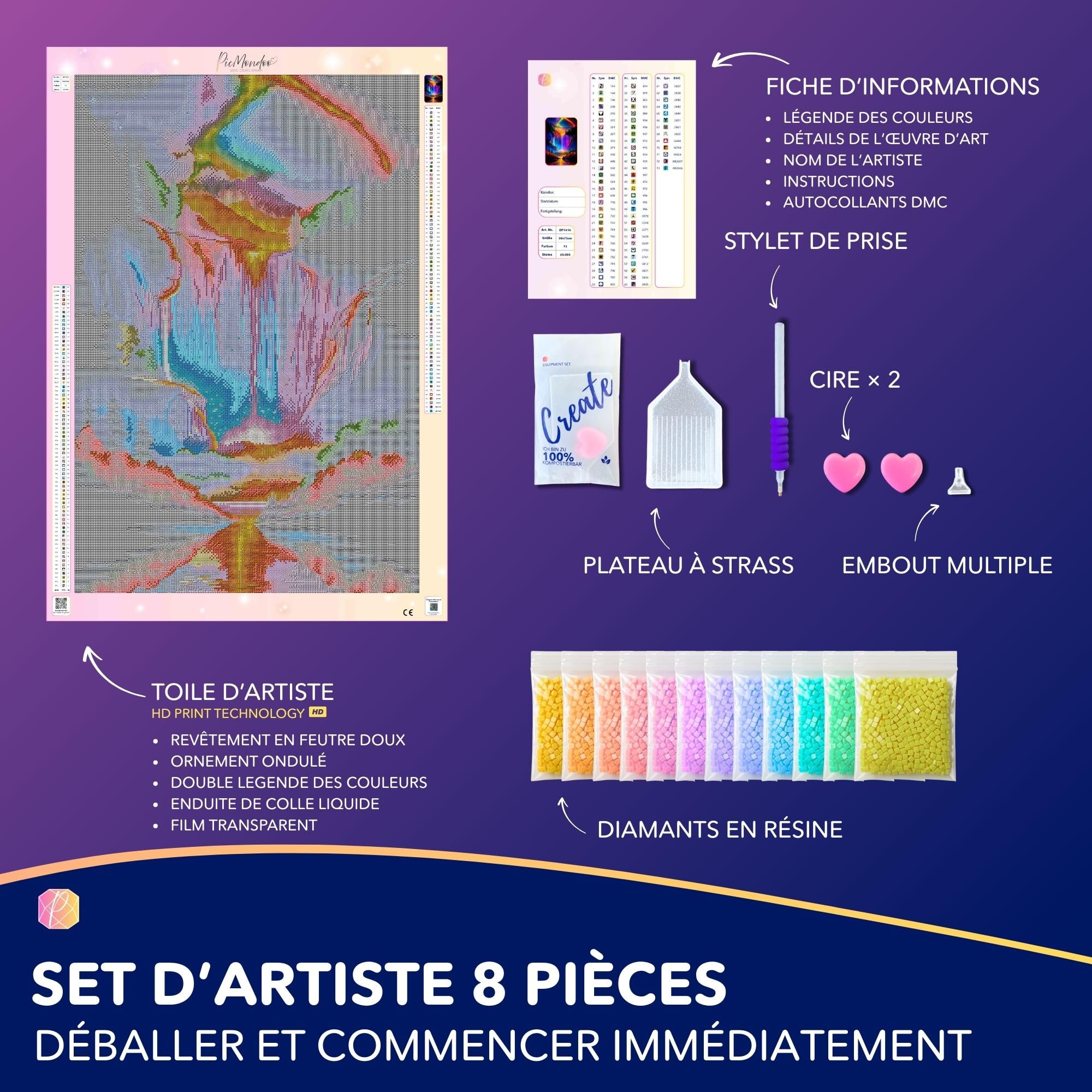 Picmondoo Peinture diamant - 50 x 75 cm - Avec pierres carrées en résine AB, strass et couleurs métalliques - Œuvre d'art de bricolage pour adultes et enfants