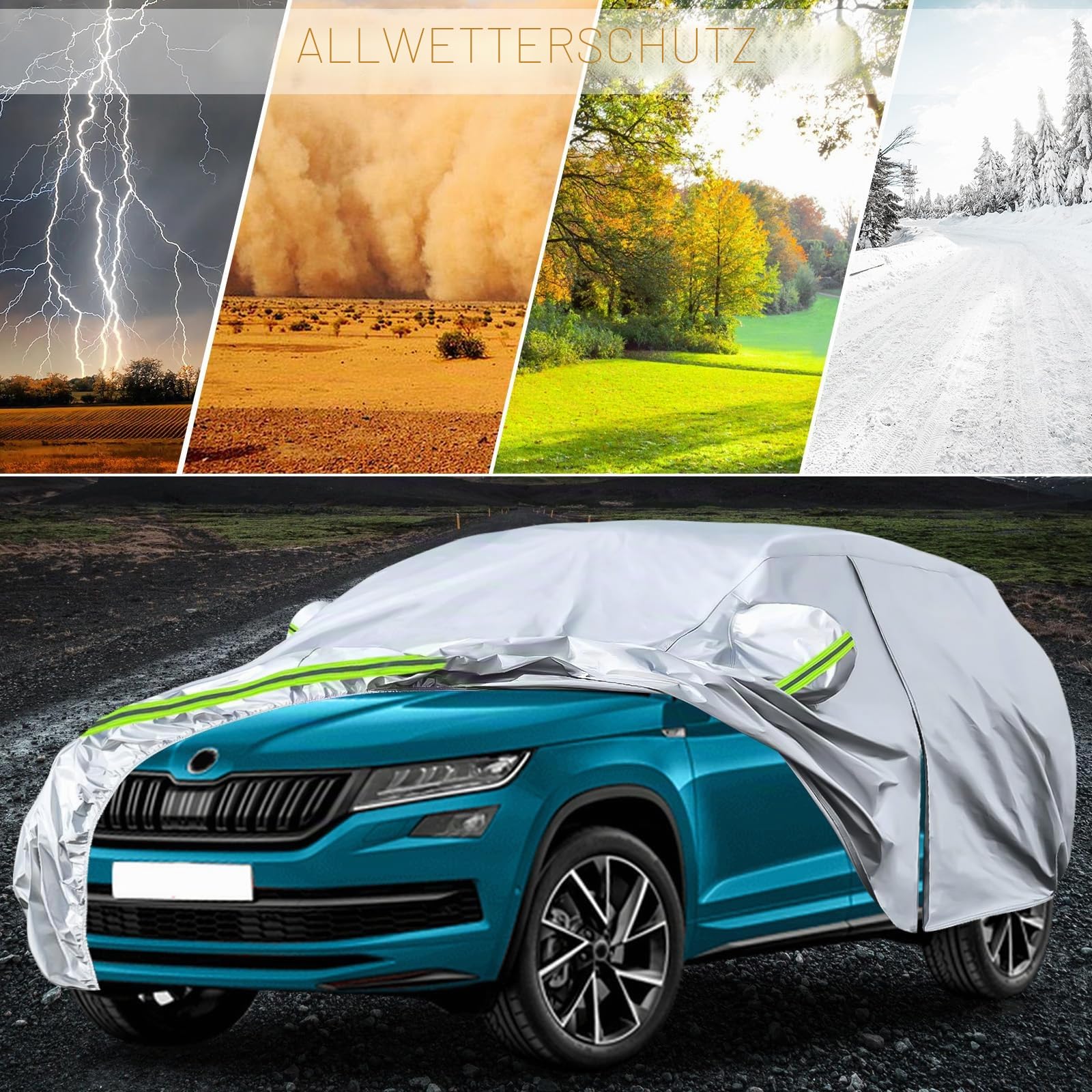 Auto Abdeckung Geeignet für Skoda Karoq 2017-2025 | Autoabdeckung Auto Abdeckplane mit Türreißverschluss Schloss und winddichten Bändern für Sonne Schnee Regen Staubschutz