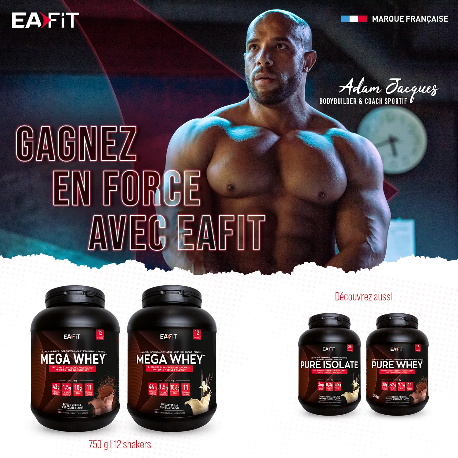 EAFIT- Mega Whey- construction musculaire pour la musculation- 43g de protéines de Whey+10g de BCAA+1,5g de créatine par shaker- Assimilation Rapide- Vanille- 750g- Creatine monohydrate