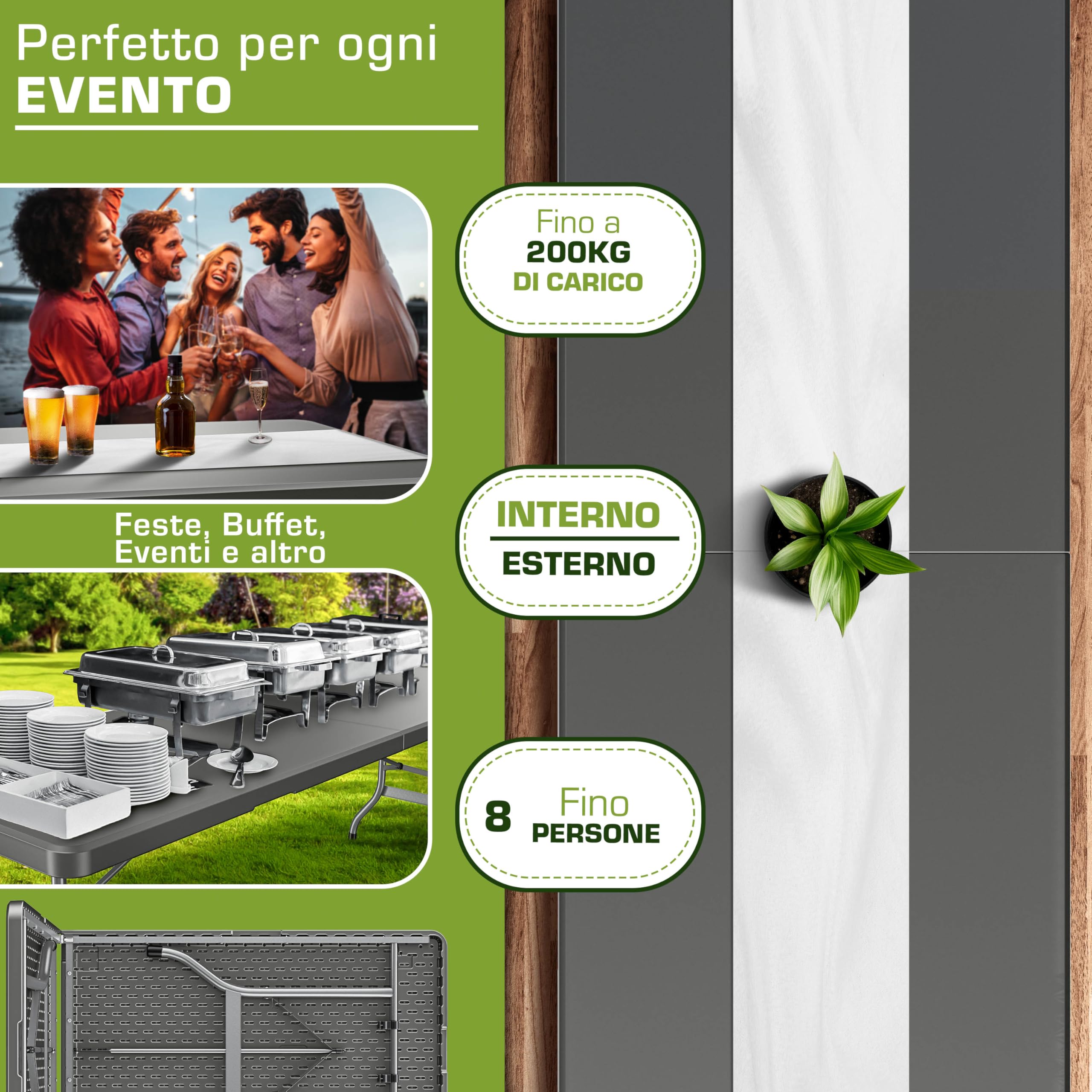 tillvex Tavolo da giardino pieghevole 180x75cm plastica