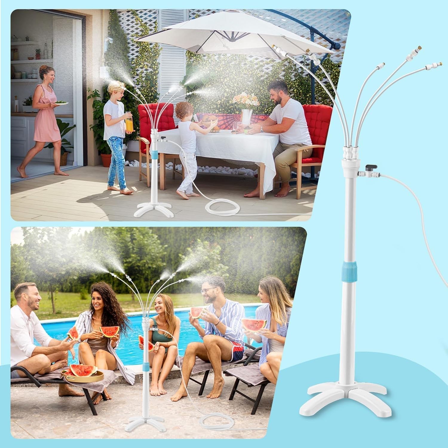 Tesmotor Sistema de niebla de pie para terraza y jardín, altura regulable al aire libre, con 5 boquillas, sistema de refrigeración con válvula y soporte, ducha de niebla para patio, balcón, piscina