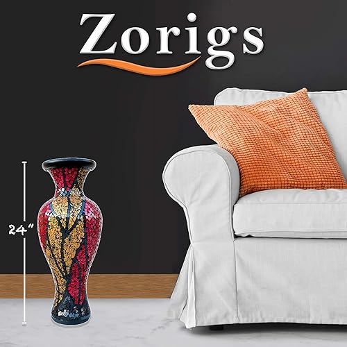 Miniatura 8 de Jarrón de mosaico de 24 pulgadas, cilindro alto hecho de terracota con piezas de mosaico de vidrio rojo, dorado y negro, pieza decorativa hecha a