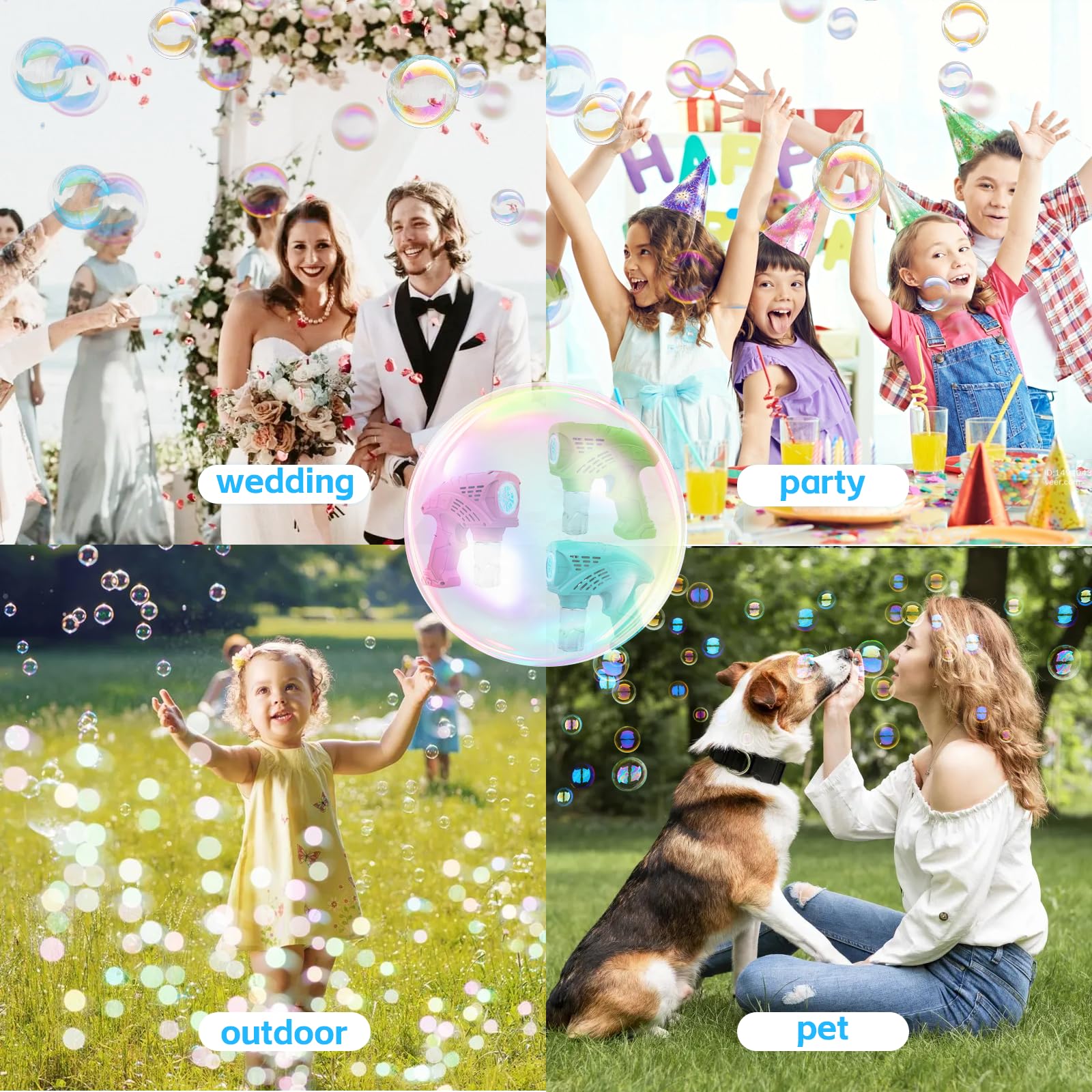 113A Panamalar 3pcs Pistolets à Bulles,Machine à Bulles Savon Enfants 4000+Bulles Contient 3 Flacons de Solution et 10 Sachets de Recharge Enfant/Anniversaire/fête