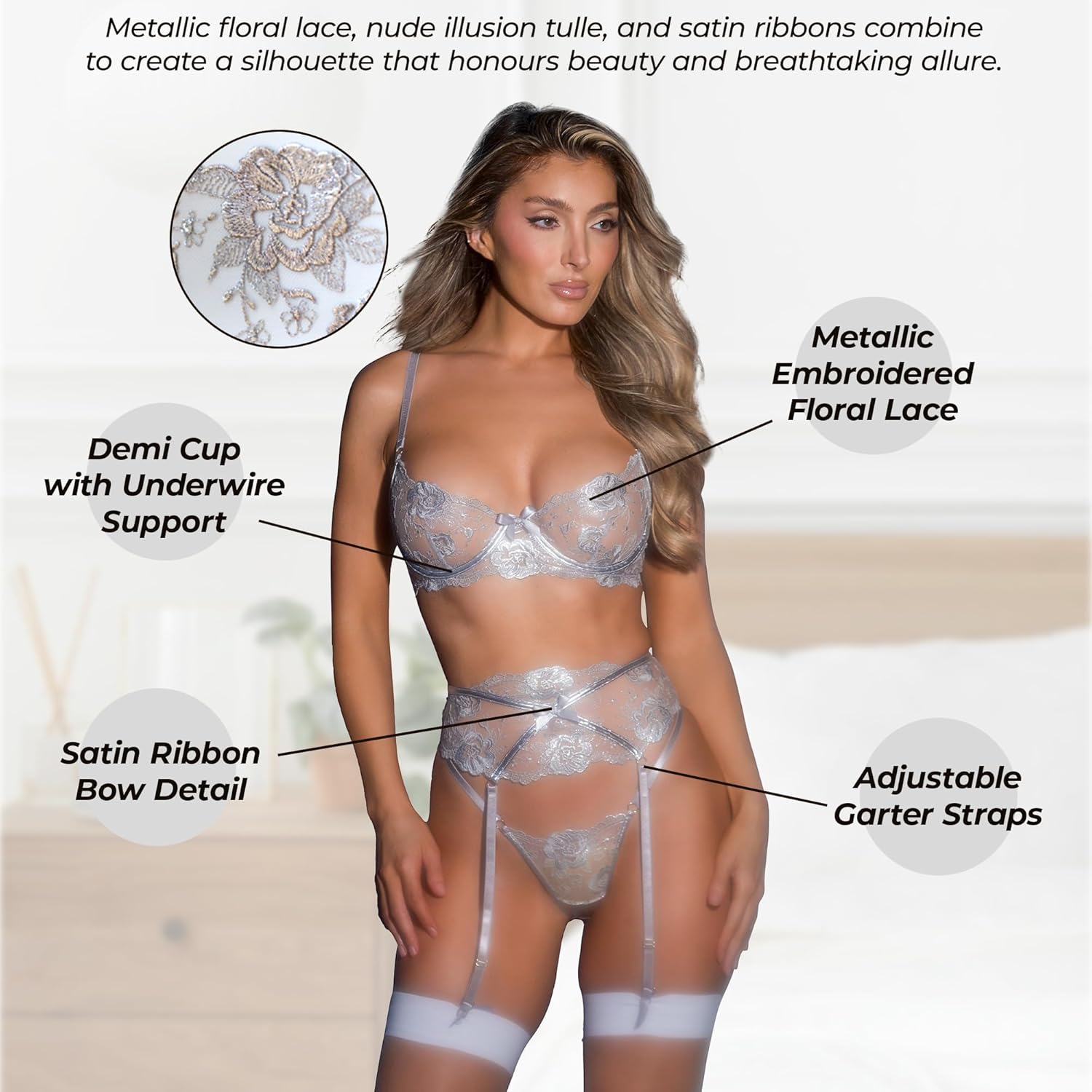 3 Piece Lingerie Set for Women with Garter Belt and Mock Thigh High Stockings, Roma Lace Garden of Eden Sexy Bra and Panty