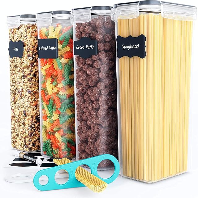 Chef's Path Food Storage Containers (Pack of 4|2.8 L) - Food Containers for Kitchen & Pantry Organization - Plastic Canisters with Durable Lids for Pasta, Cereal, Rice - Bonus Labels, Marker & Spoons