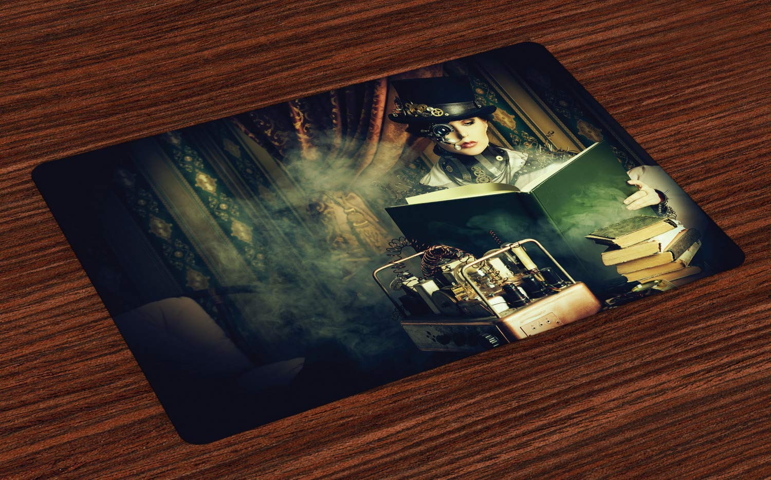 ABAKUHAUS Steampunk Place Mats Set of 4, Subculture Art Woman, Washable Fabric Placemats for Dining Room Kitchen Table Decor, Multicolor