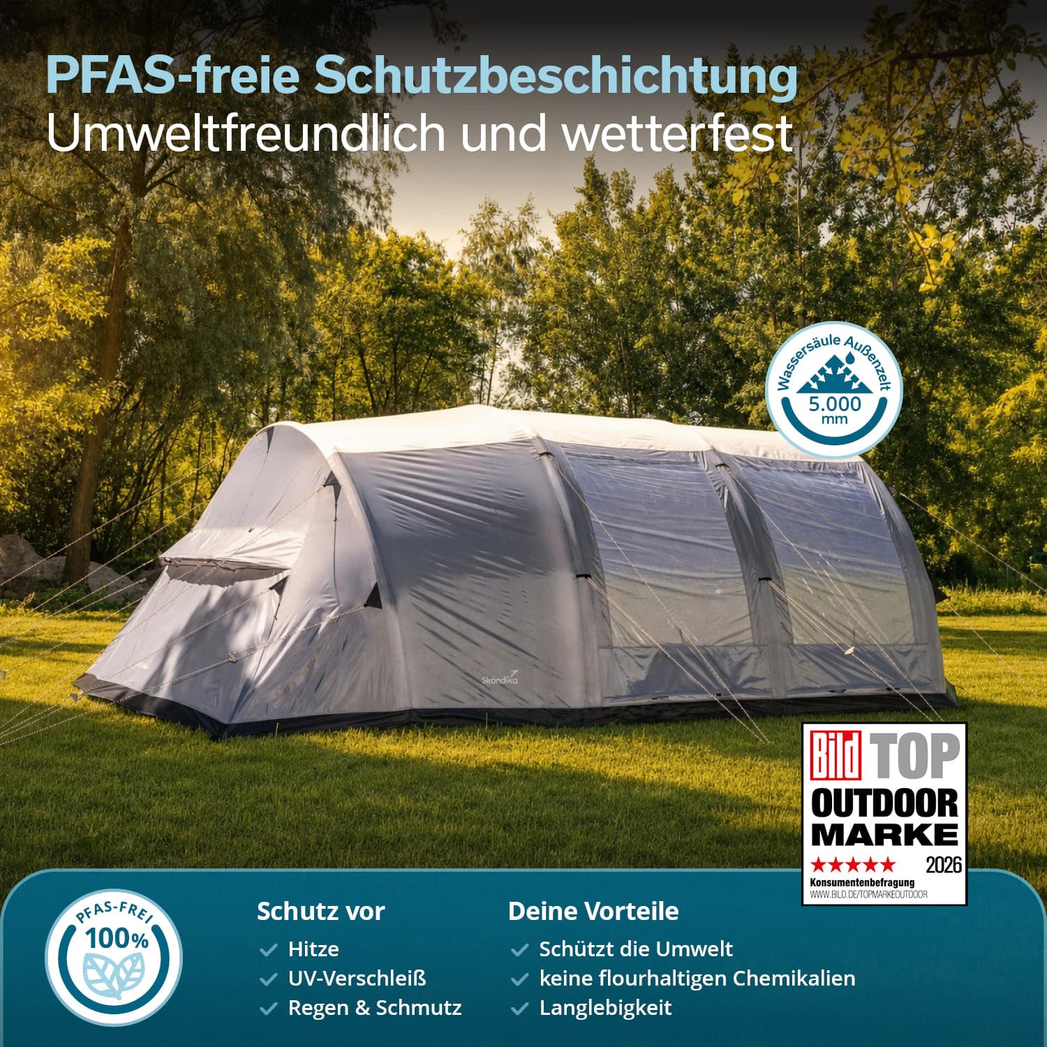 Skandika Tienda de campaña hinchable Folldal Air Protect | Tienda de aire para 4-5 personas, suelo cosido, impermeable, columna de agua de 5000 mm, con bomba, toldo | Tienda de camping, tienda de