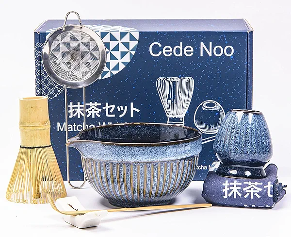 Matcha Whisk Set 7PCS – Includes Matcha Bowl with Spout, Bamboo Whisk, Scoop, Ceramic Holders, Stainless Sifter, Towel – Perfect Matcha Starter Kit for Tea Ceremony, Japanese Tea Making Tools