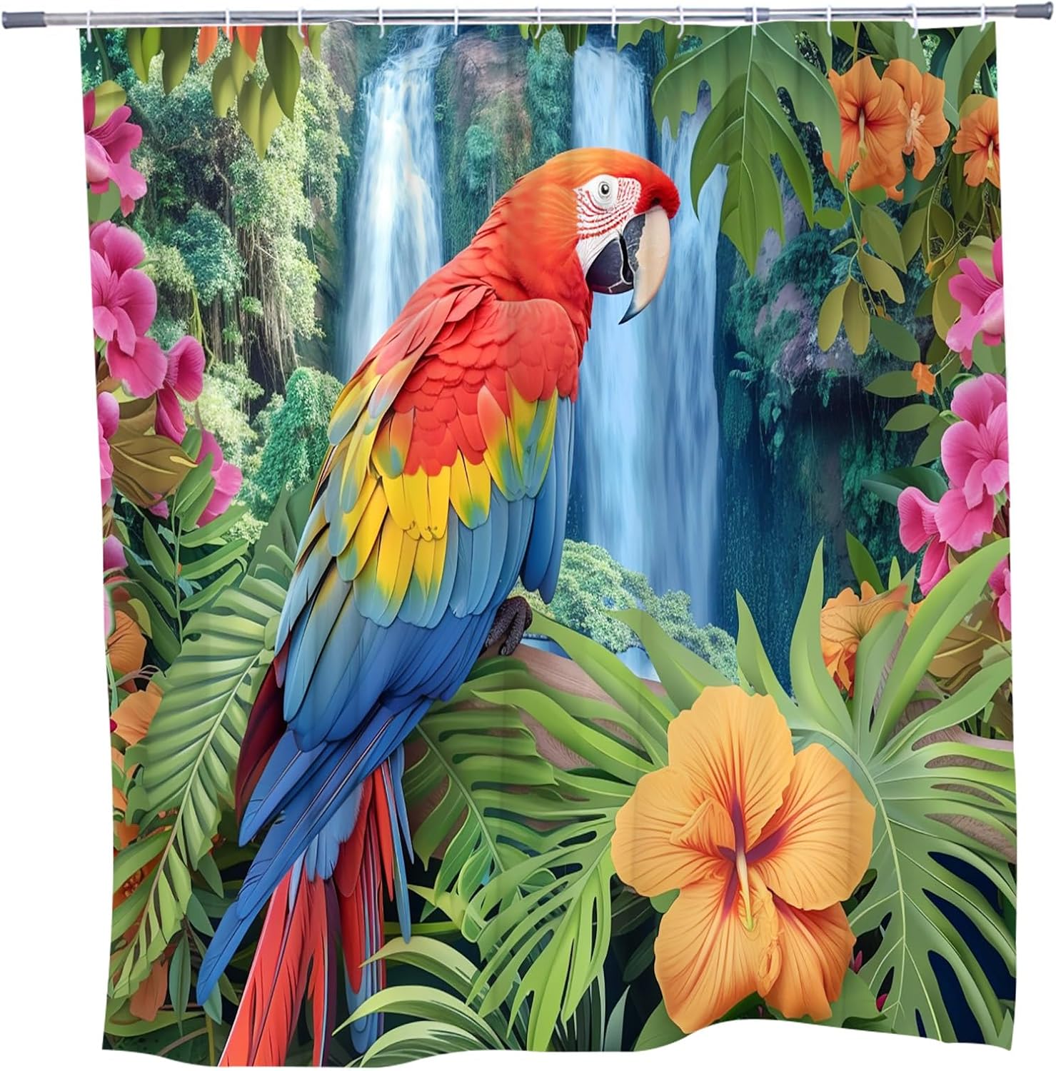 Parrot Shower Curtain Waterfall Landscape Tropical Jungle Green Cute Bird Wildflower Nature Bathroom Decoration Polyester Waterproof Machine Washable with Hooks