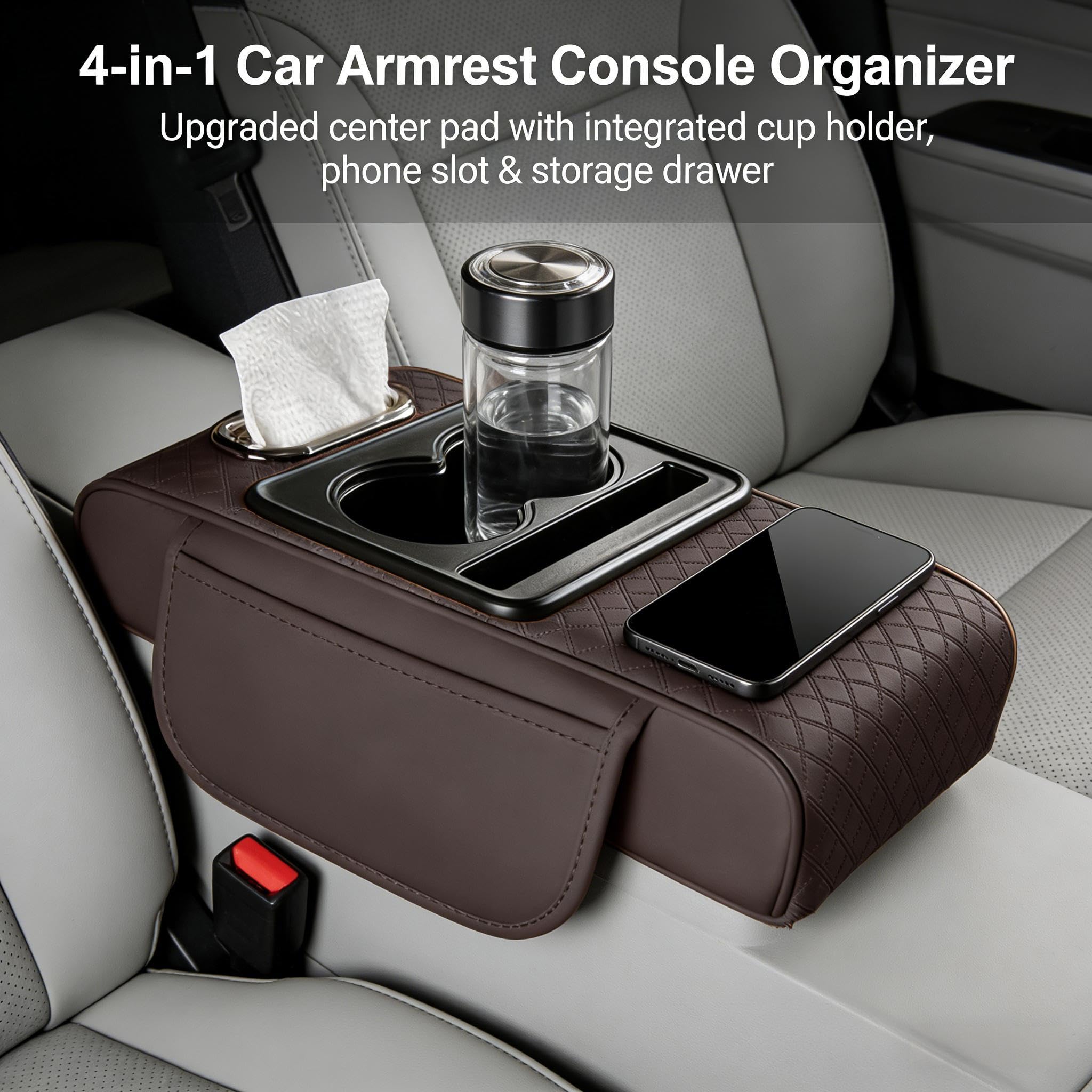 4-in-1 Multifunctional Car Armrest Cushion, Soft & Comfortable Cars Armrest Pad, Car Center Console Cover with Cup Holder, Phone Slot & Built-in Storage Box, Universal Auto Accessory (Black+Red) - 3