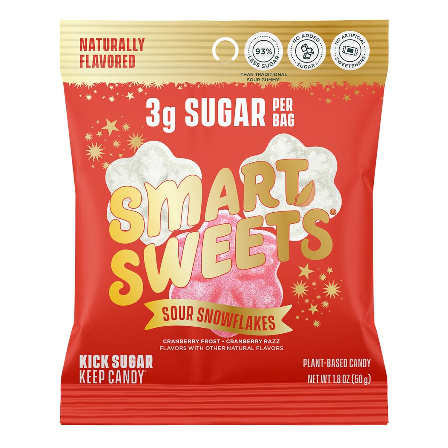 SmartSweets Sour Snowflakes, Gluten Free Gummies, Plant Based, Healthy Snacks for Adults & Kids, Stocking Stuffers, Low Sugar, Fun Chewy Candy, No Artificial Sweeteners, 50g Bags, 14 Pack