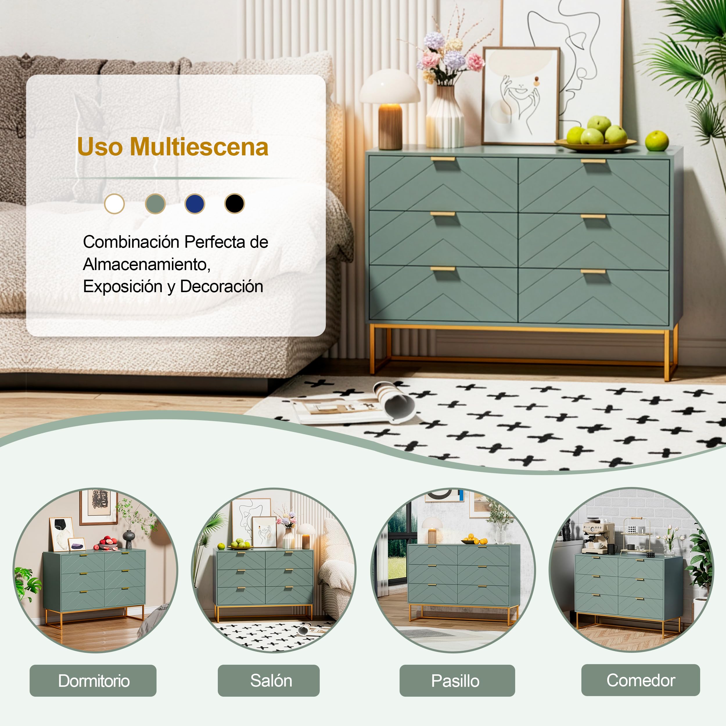 UEV Cómoda para Dormitorio, Cómoda con 6 Cajones y Patrón de Líneas, Armario Moderno y Práctico, Diseño Seguro Antivuelco, 100x34x73.5cm, Verde