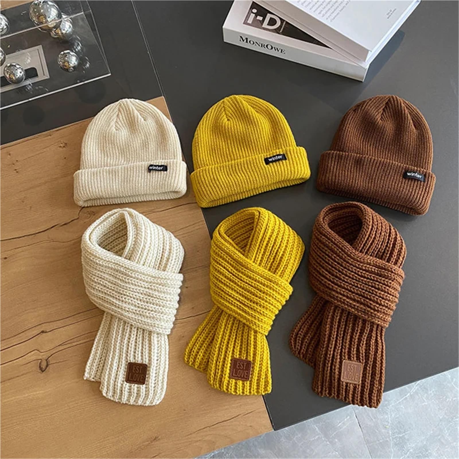 2 Sets Kids Hat and Scarf Combo - Autumn & Winter Windproof Knitted Hat and Bib, Baby Wool Hat for Boys and Girls(Beige)