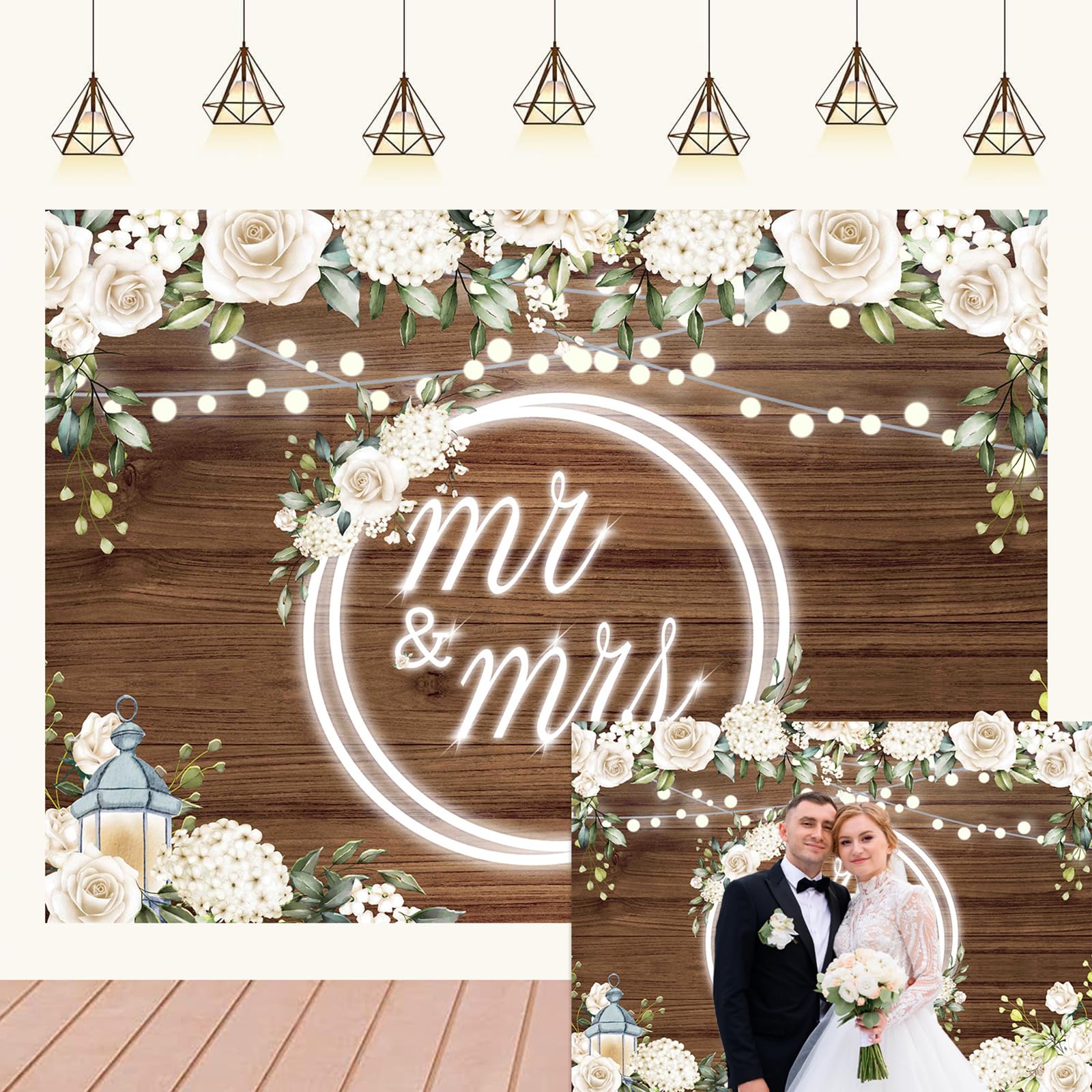 Mr and Mrs Wedding Backdrop Banner White Rose Floral Wooden Wall Glitter Lights Wedding Photo Backdrop for Reception Bridal Groom Engaged Ceremony
