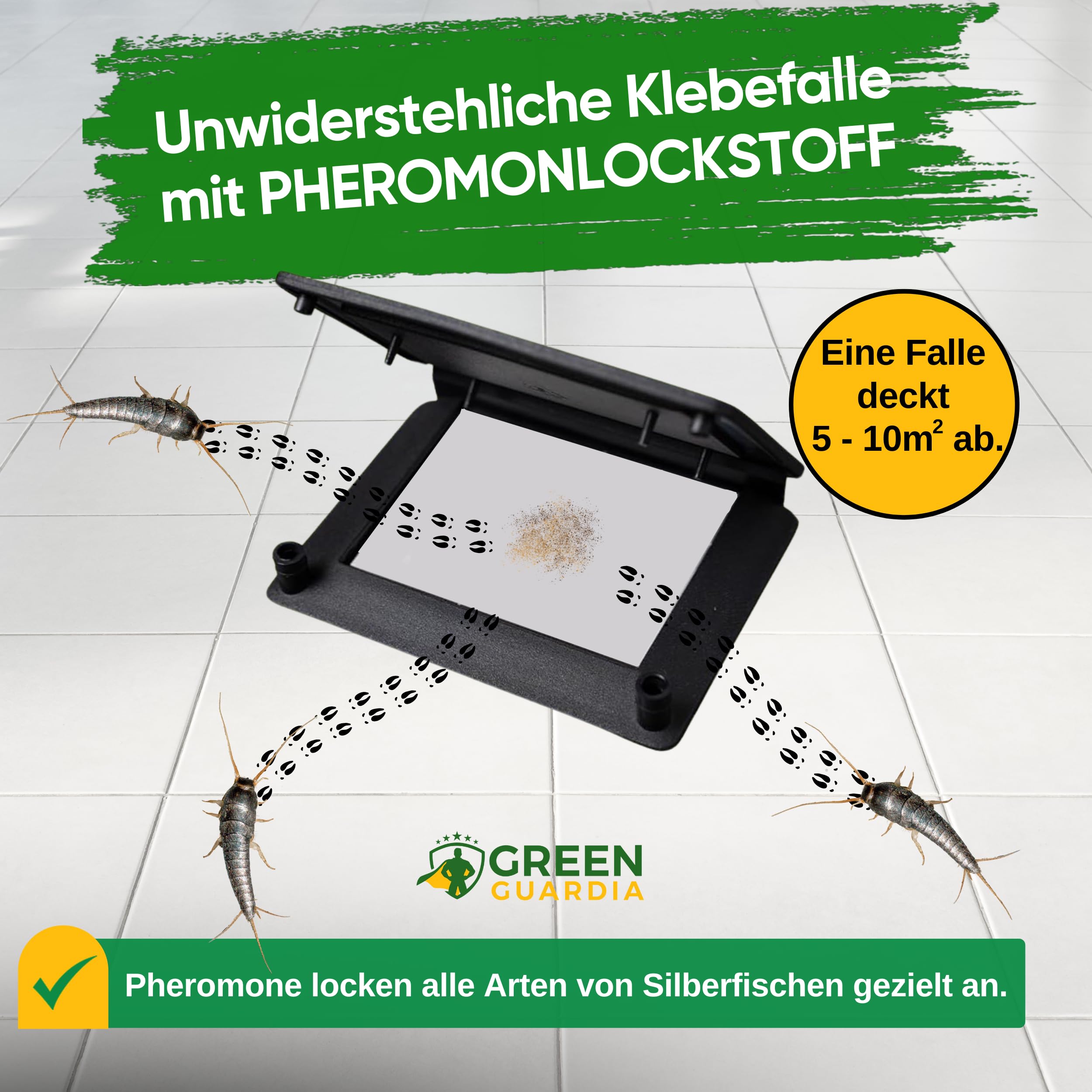 GREEN GUARDIA Silberfischfalle mit Pheromon-Lockstoff - 10x Fallen - umweltfreundlich Silberfische bekämpfen, Chemiefreie Pheromonfalle mit austauschbaren Klebeflächen, giftfrei und geruchsneutral