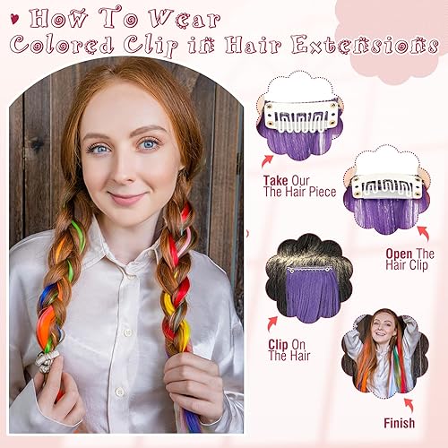 Miniatura 5 de Fanguilar Extensiones de cabello de colores, 12 piezas de 20 pulgadas, extensiones de cabello con clip, color azul oscuro, arco iris, para fiesta,