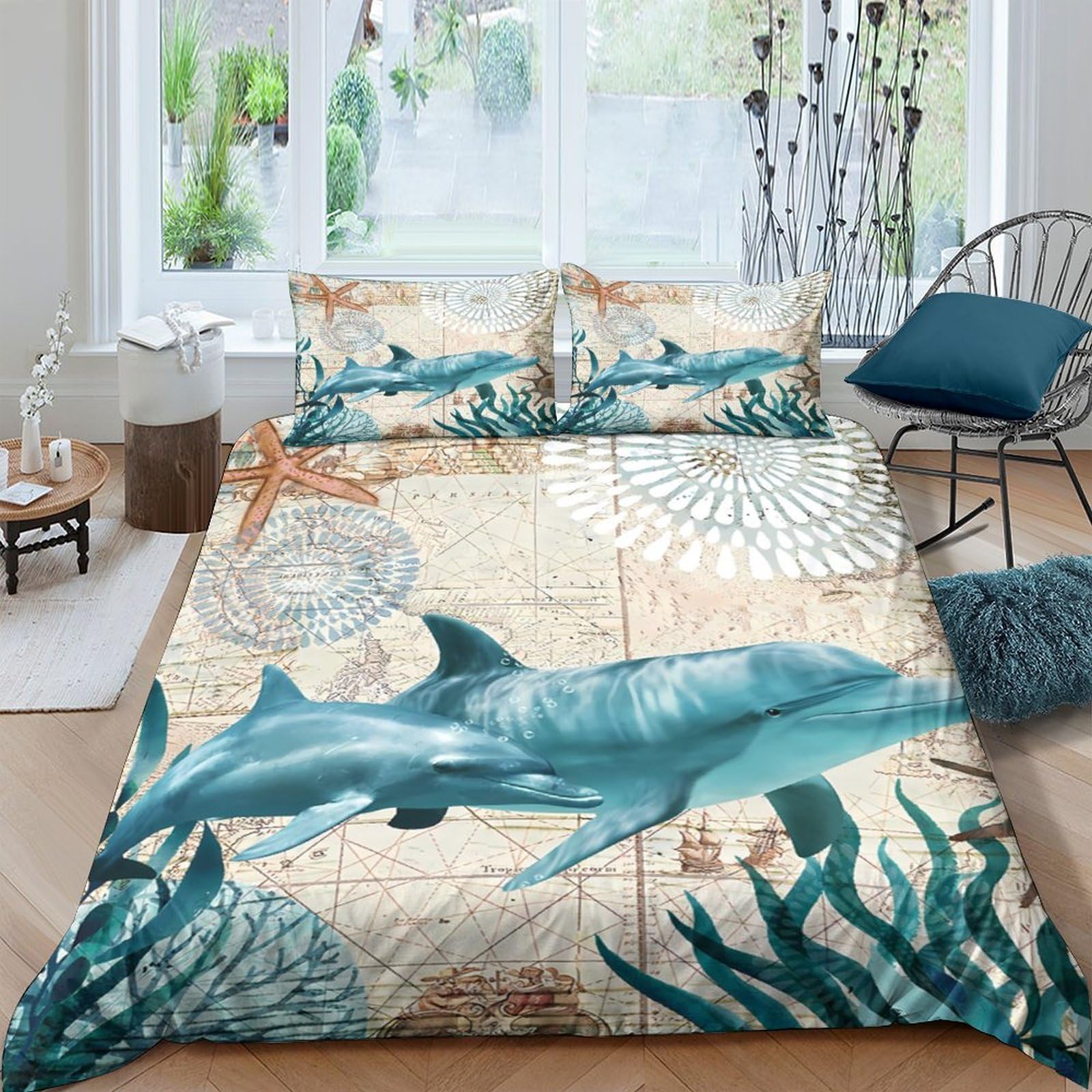 GPLZQXKJNH 3D Printed Ocean Shark Duvet Cover Microfiber Breathable Coral Reef Bedding Set with 2 Pillowcases for Bedroom Decor Single（135x200cm）