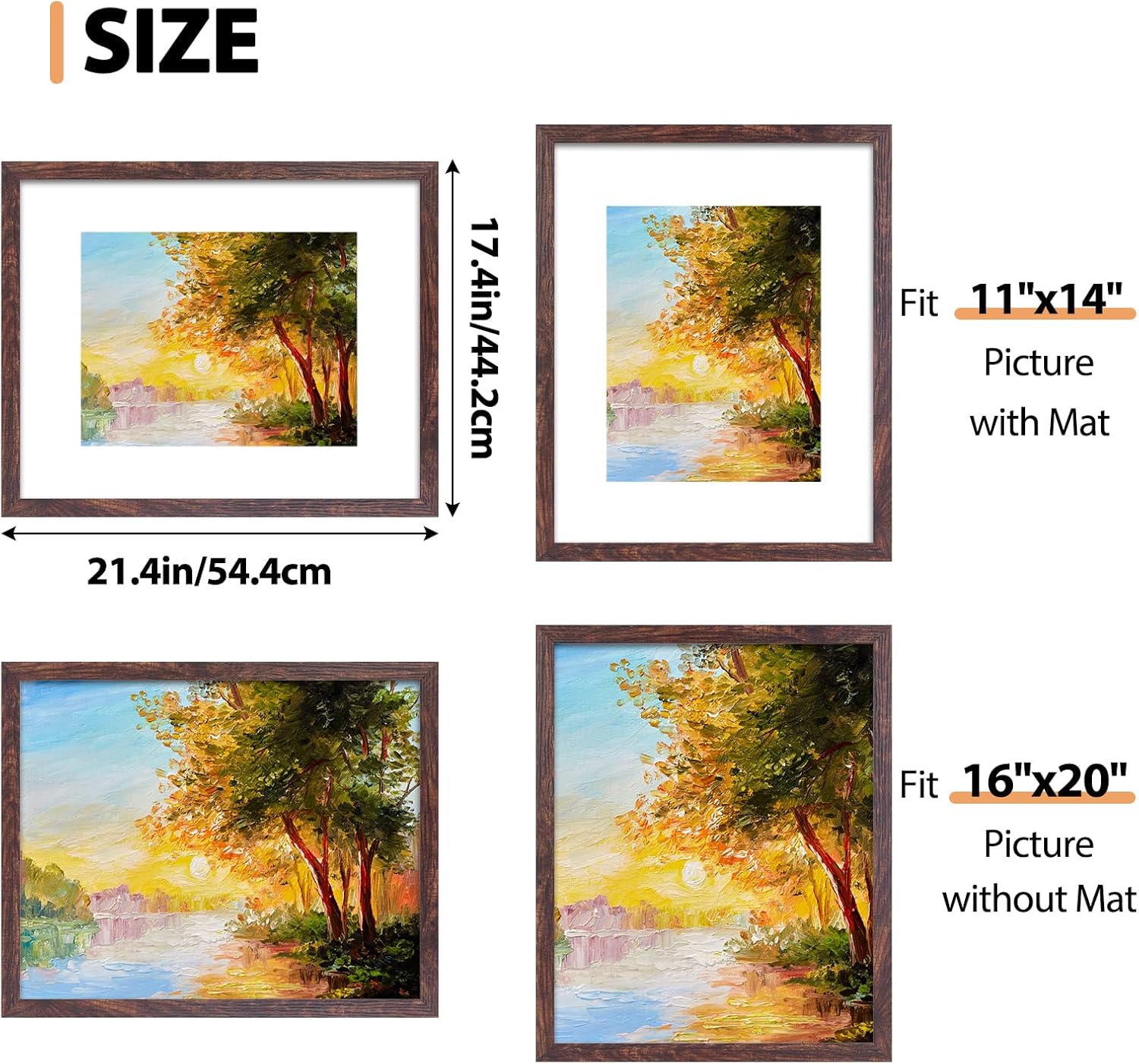 Fixwal 16x20 Picture Frame, Display Pictures 11x14 with Mat or 16x20 Without Mat, Brown Poster Frames for Wall Mounting Decor, 2 Pack