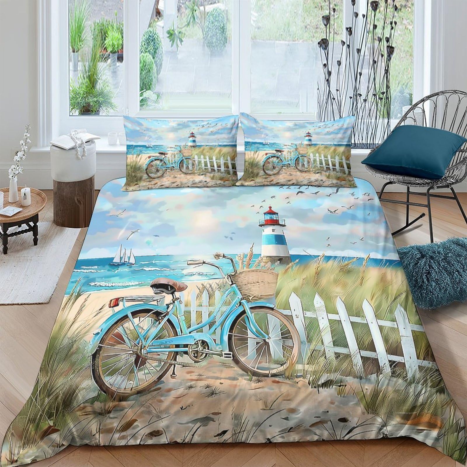 Ctjqhvkz Style-6 3D Printed Seaside Lighthouse Fitted Sheet Microfiber Soft Blue Bicycle Beach Mattress Cover Decor For Bedroom Dorm Single（135X200cm）