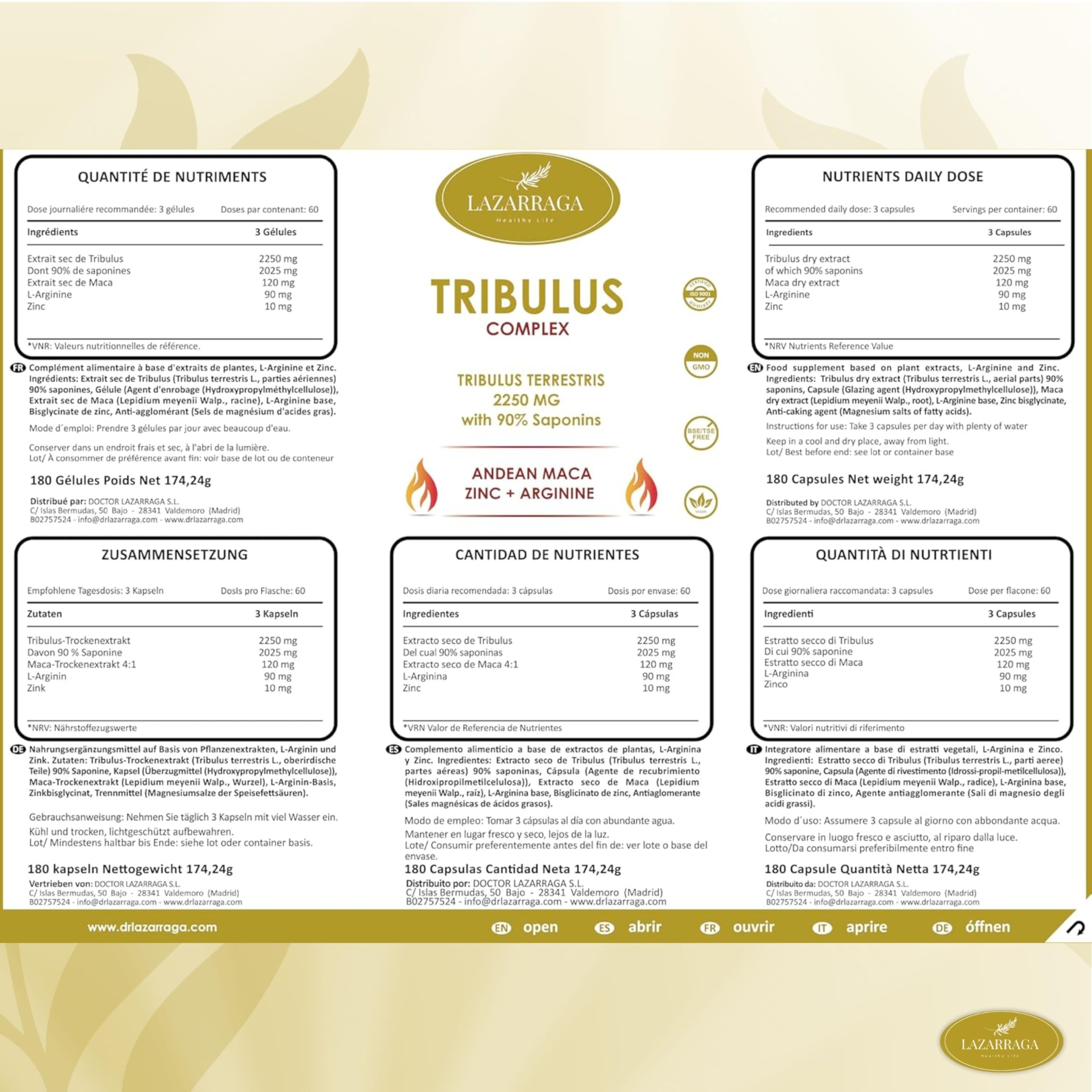 TRIBULUS TERRESTRIS PUISSANT 4 EN 1 avec Maca Andine + Arginine + Zinc | Complément contre la fatigue pour hommes | Force et énergie | 90% de saponines | 180 gélules véganes | 2 mois | Lazarraga