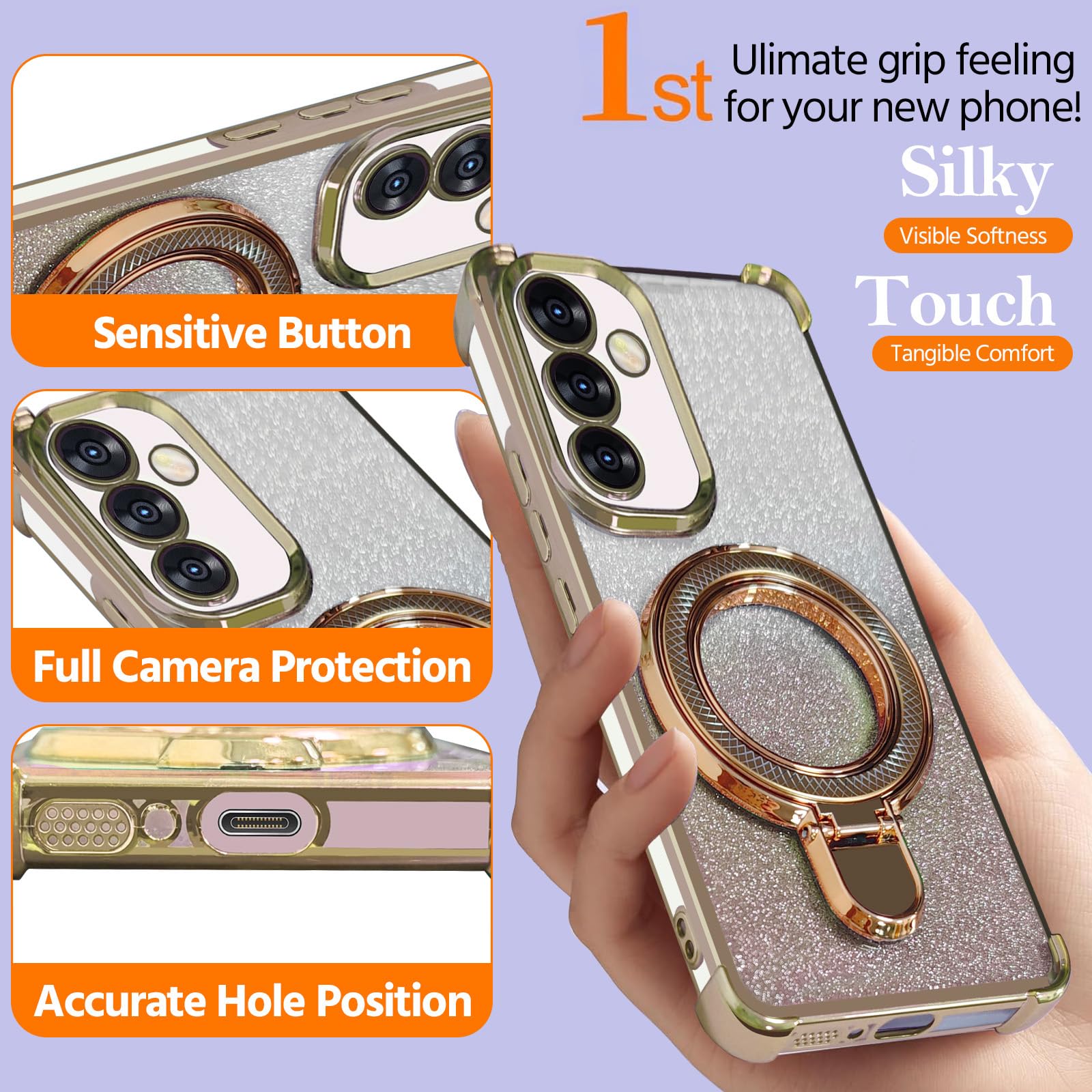 Custodia Per Huawei P30 Lite Con Anello Kickstand E Carta Glitter Staccabile – Elettroplaccata Gradiente Trasparente (Oro Rosa) - 4
