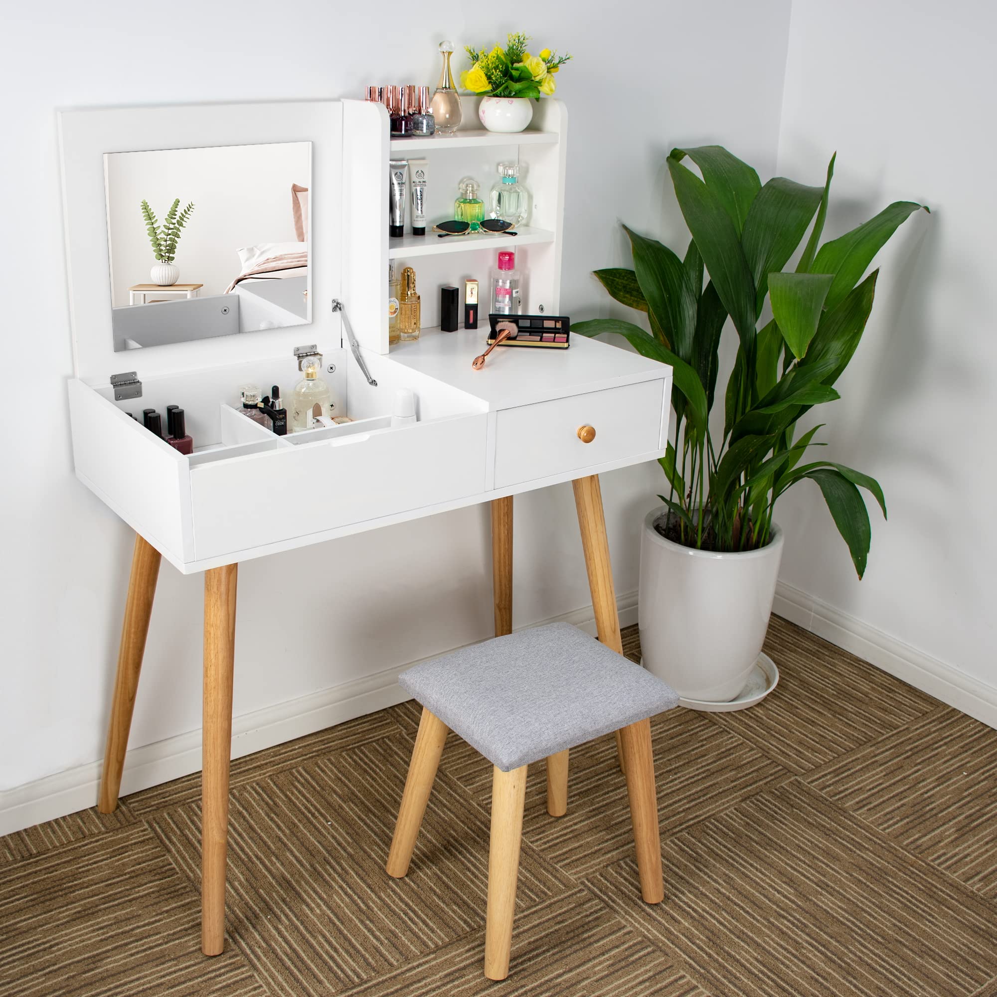 Ezigoo Dressing Table with Flip Up Mirror and Stool, White Dressing Table with Mirror and Drawers - Multifunctional Dressing Table for Small Space