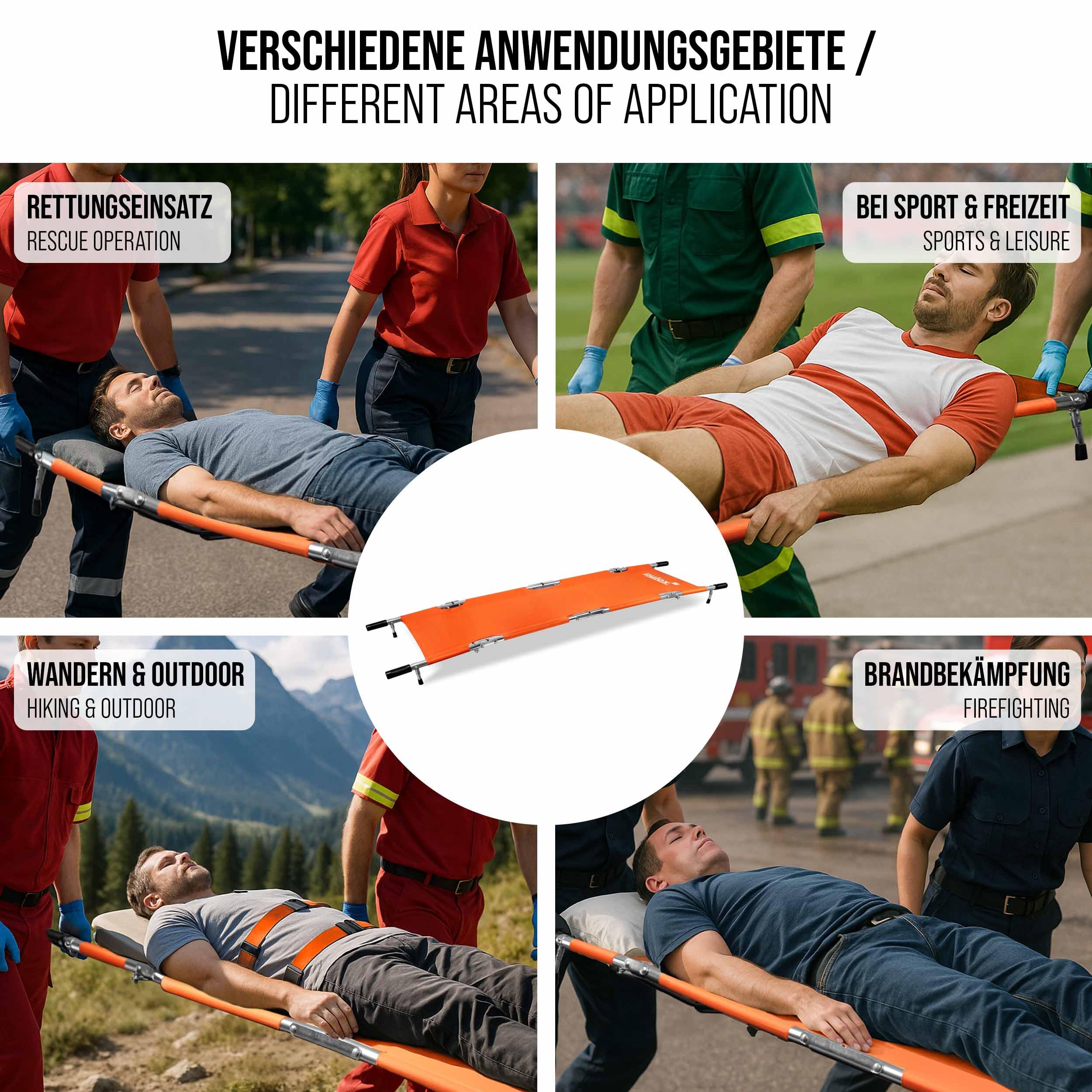 Pulox KTG-200 Notfalltrage 3-fach klappbar für Patiententransport | Professionelle Erste-Hilfe-Trage für Rettungseinsätze, platzsparend faltbar und schnell einsatzbereit