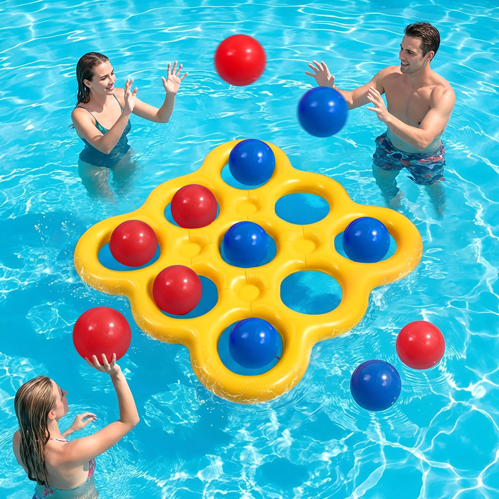 MoKo Set de Juegos Acuáticos Tic-TAC-Toe para Piscina, Flotador de Piscina Inflable con 10 Pelotas, Juegos para Fiestas Familiares Playa Adultos Adolescentes Niños 2-10 Jugadores