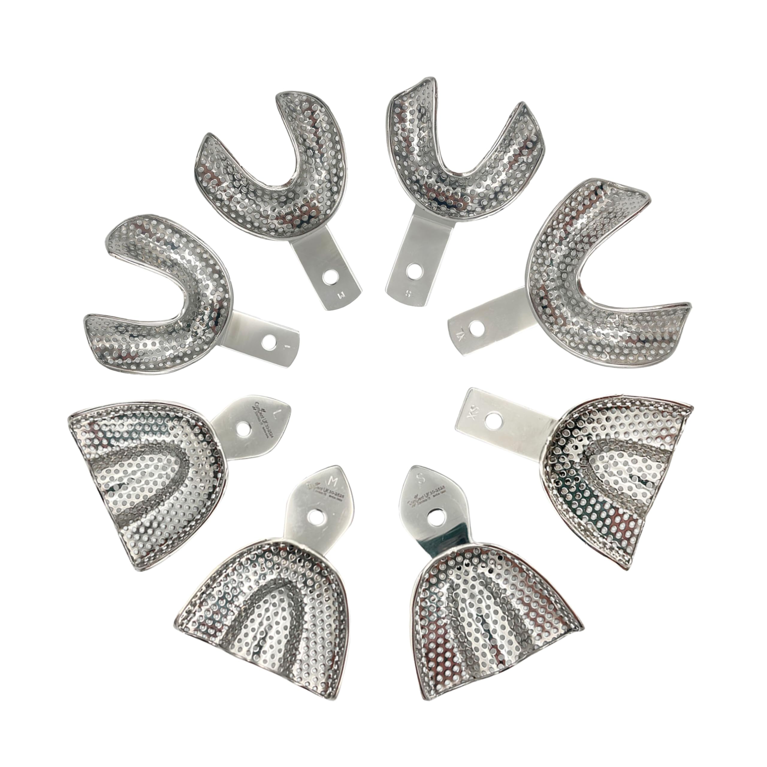 PACK 8 Pezzi Vassoi per Impronte Dentali Individuali, Dentate con Perforazione - 4 Inferiori e 4 Superiori - Acciaio Inossidabile ad alta resistenza - Strumento Essenziale per Professionisti Dentali