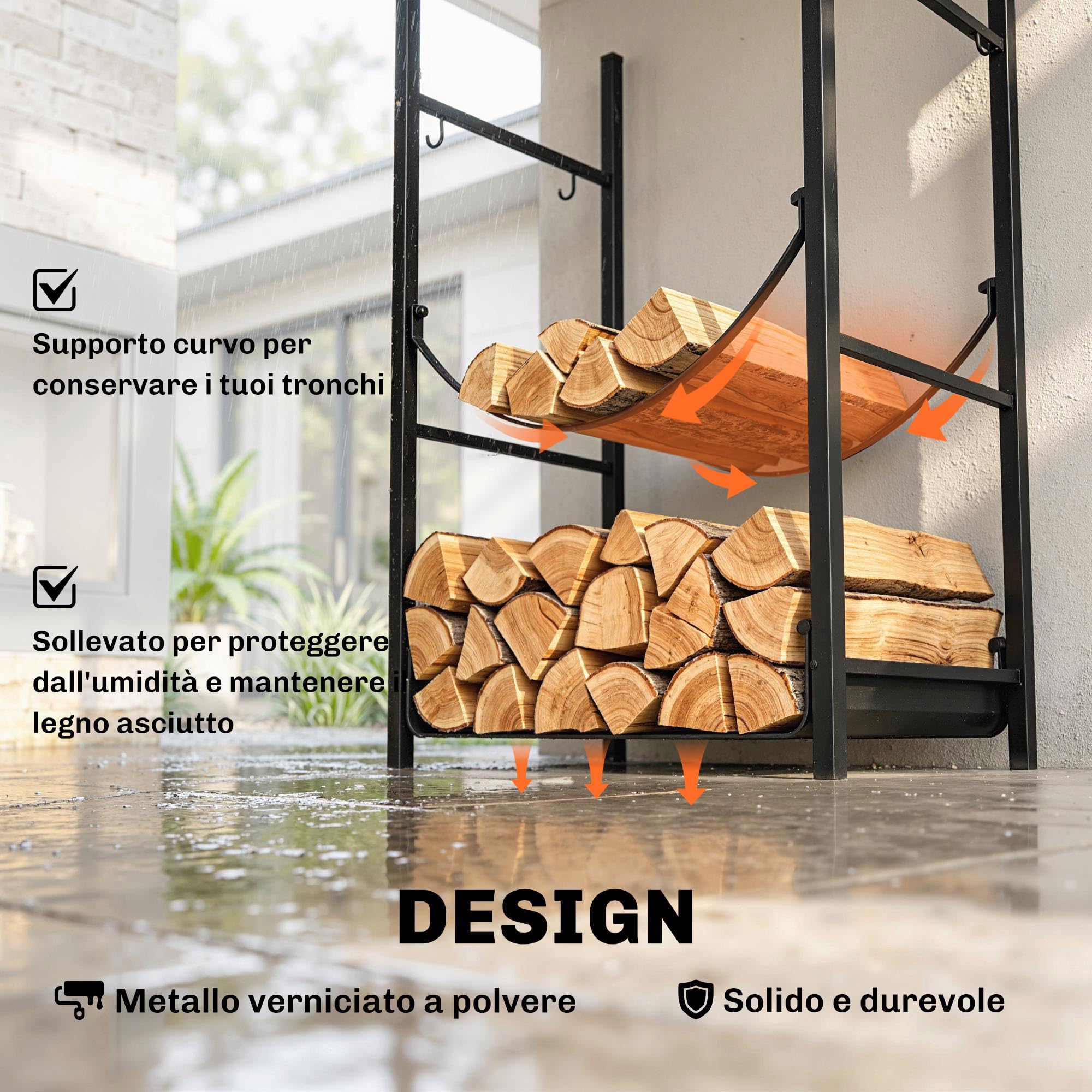 Outsunny Portalegna da Interno ed Esterno Rialzato a 2 Ripiani, Porta Legna da Ardere in Metallo con Supporti Rimovibili, Paletta, Scopa, Attizzatoio e Pinza, Capacità 70 kg, 44.5x29.5x73 cm, Nero