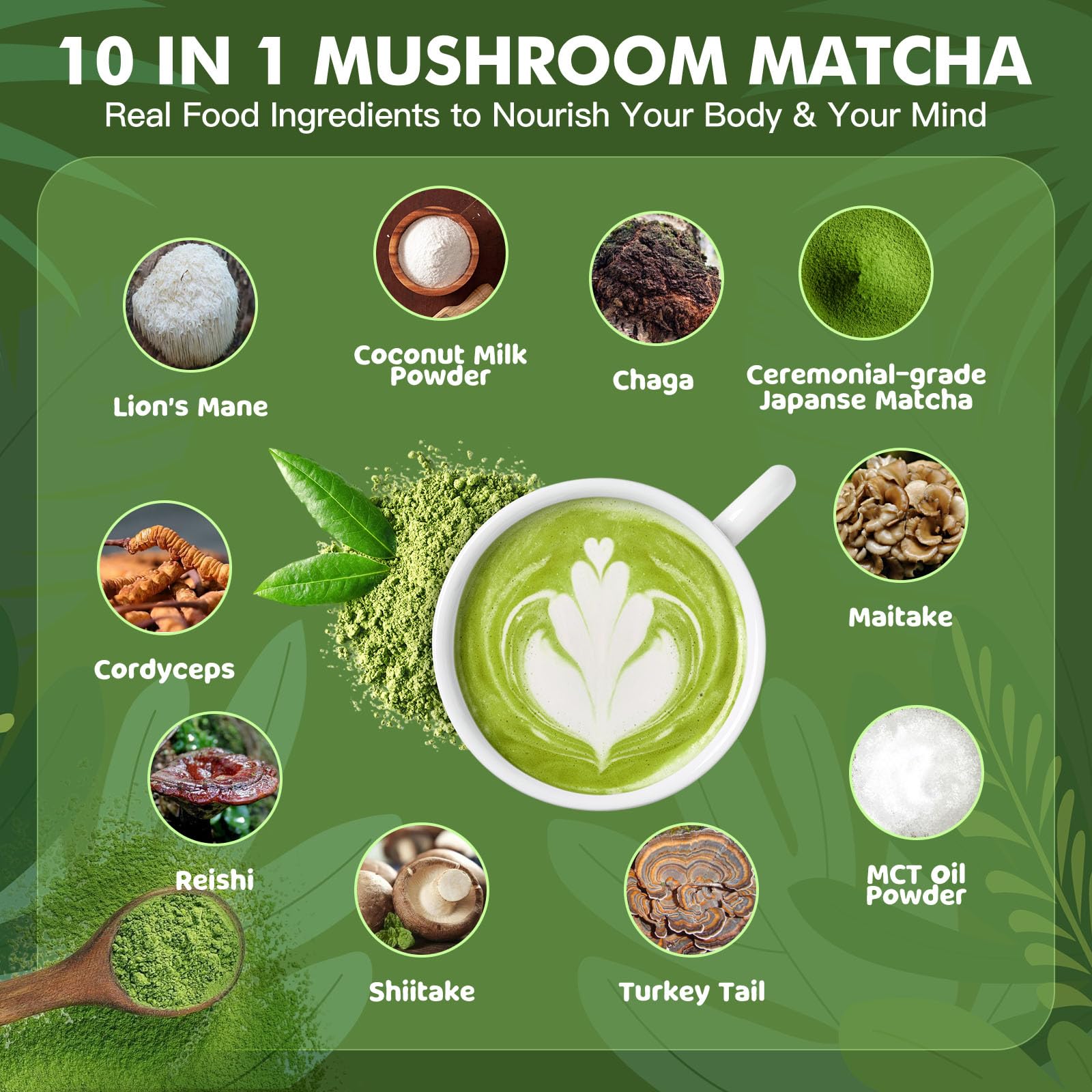 JUYIHEAL Mushroom Matcha Japanese Ceremonial Matcha Infused with 7 Superfood Mushrooms MCT Oil Coconut Milk Powder Energy Focus — view 3