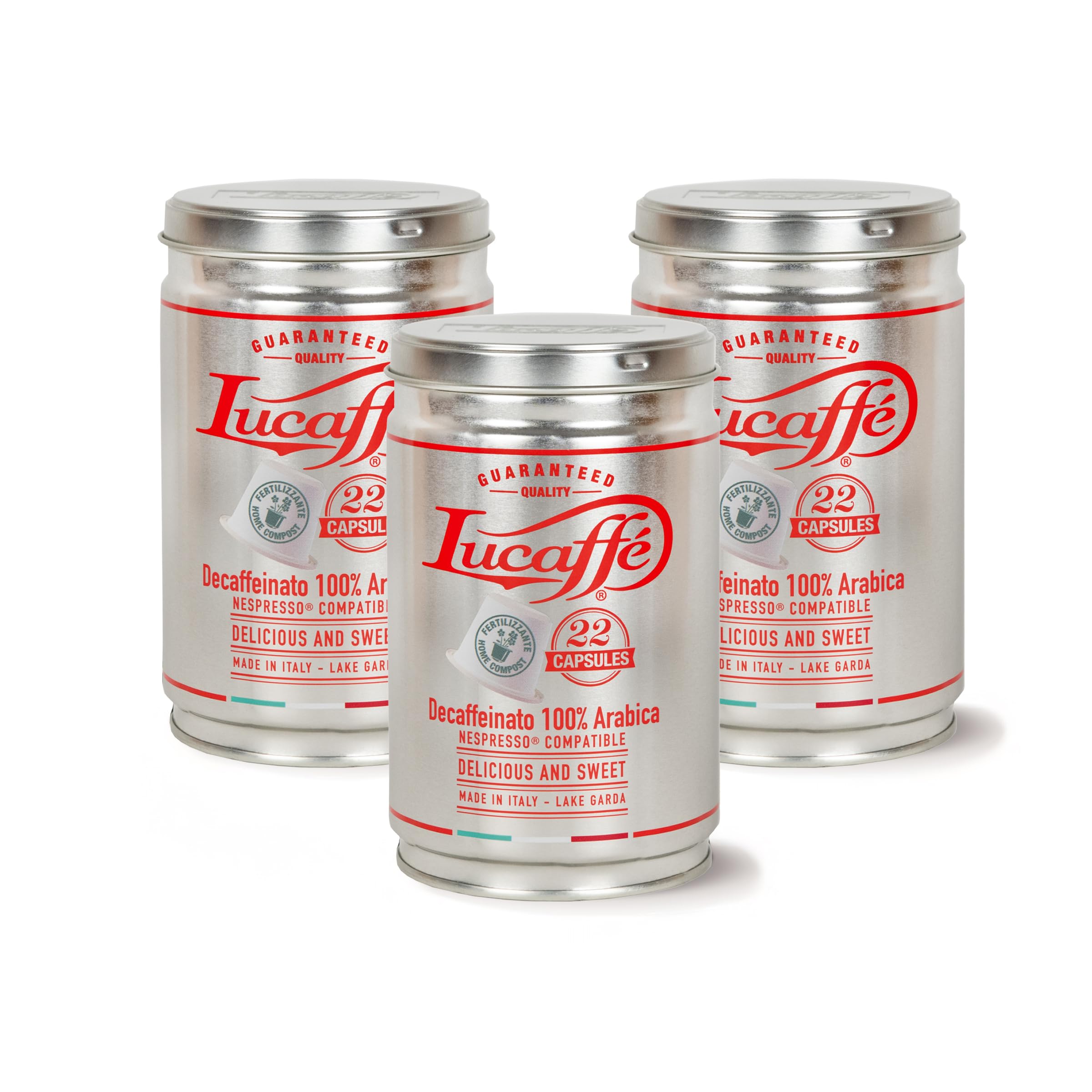 Lucaffè -3 latas, 66 cafe capsulas compatibles con Nespresso, Decaffeinato (Descafeinado) | Tueste oscuro | Sabor dulce y afrutado, cremoso | Aroma intenso