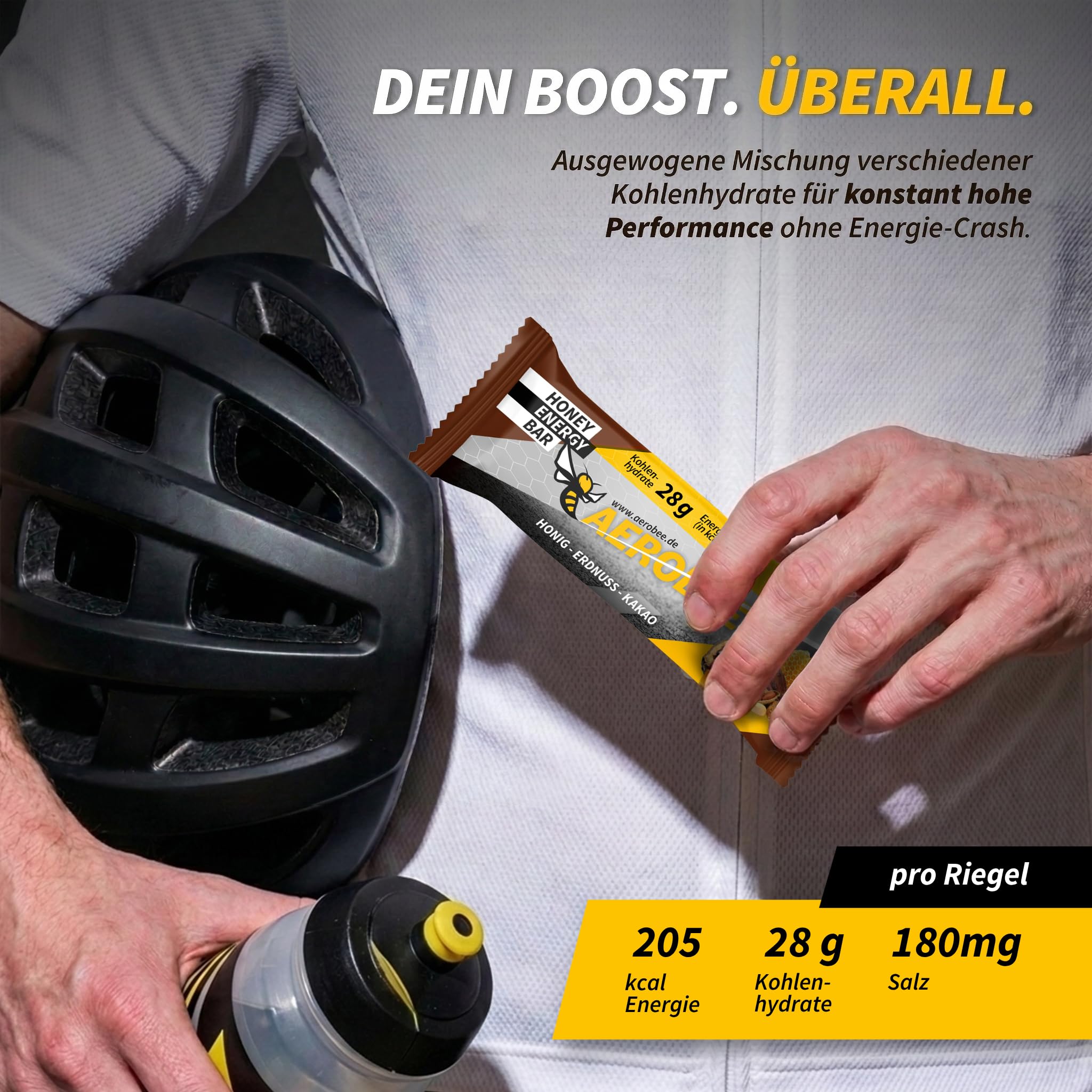 AEROBEE Energieriegel Honig, Erdnuss & Kakao – Haferriegel ohne Zuckerzusatz mit 12mg Koffein – Natürlicher Powerriegel für Ausdauersport, Marathon, Radfahren, Wandern & Büro – 12 x 50 g