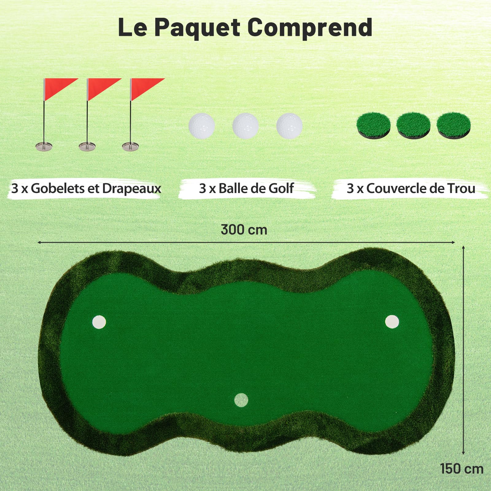 GOPLUS Tapis de Putting Golf avec 3 Trous, Couvercles de Trous, Tapis d’Entraînement de Golf Professionnel avec Gazon Synthétique, Gobelets, Balles, Intérieur & Extérieur