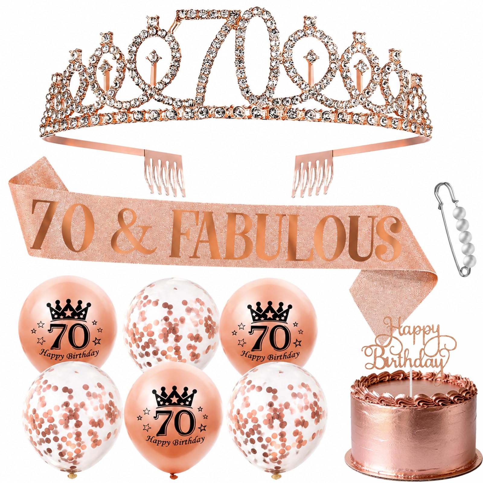 Rose Gold 70th Birthday Decorations Kit - Crystal Tiara Crown with 70th Birthday Sash, Tiara, Happy Birthday Cake Toppers, Balloons, Party Accessories for Girls Women Gifts (70th)