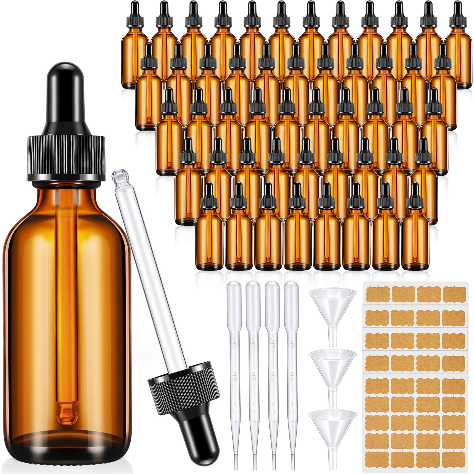 Lallisa 48 Pcs Glass Dropper Bottles with Eye Dropper Dispensers Lab Dropping Bottles with 4 Pcs Long Pipettes 4 Funnel and 80 Label for Travel Cuticle Massage Essential Oils Perfume (Amber,2 oz)