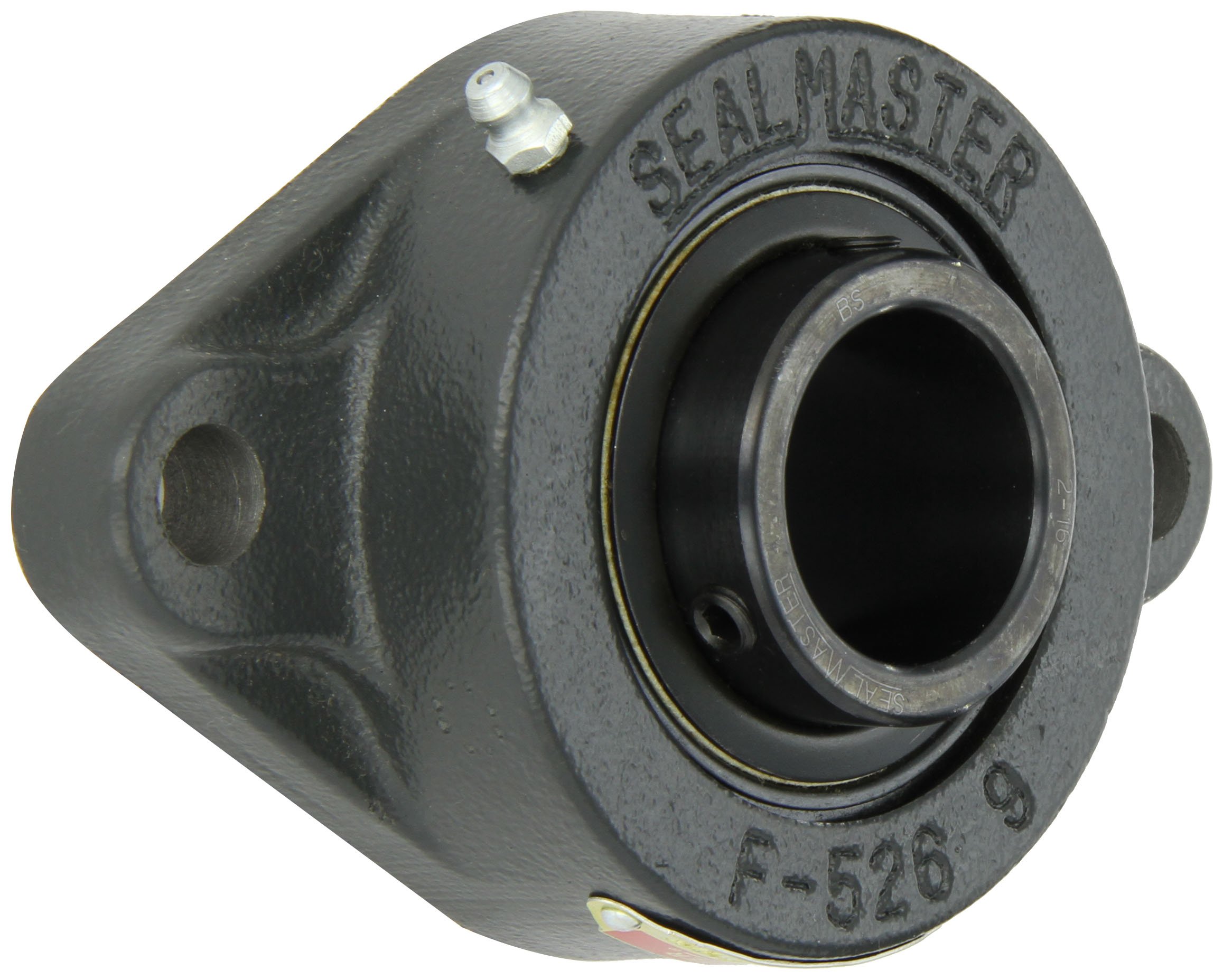 SealmasterSFT-22 Standard Duty Flange Cartridge Unit, 2 Bolt, Regreasable, Felt Seals, Setscrew Locking Collar, Cast Iron Housing, 1-3/8" Bore, 6-1/8" Overall Length, 5-1/8" Bolt Hole Spacing Width, 9/16" Flange Height, ±2 Degrees Misalignment Angle