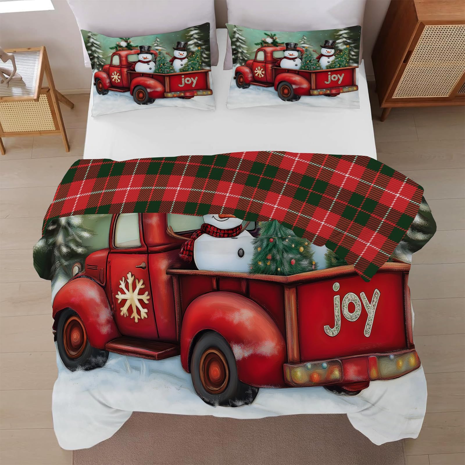 Parure de lit Noël 220x240 cm avec housse de couette et taies d'oreiller bonhomme de neige