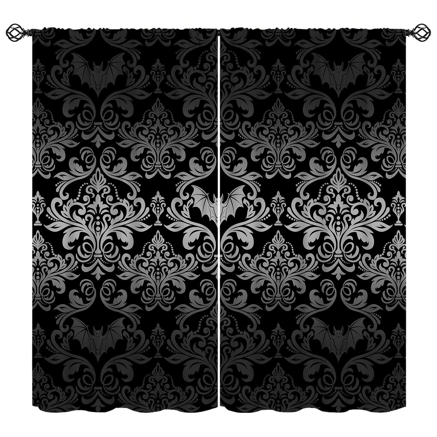 moderw Damask Gothic Curtains Vintage Floral Antique Victorian Goth Window Treatments for Bedroom Bat Bats Skull Bone Bohemian Baroque Blackout Window Drapes for Living Room W84xL84in