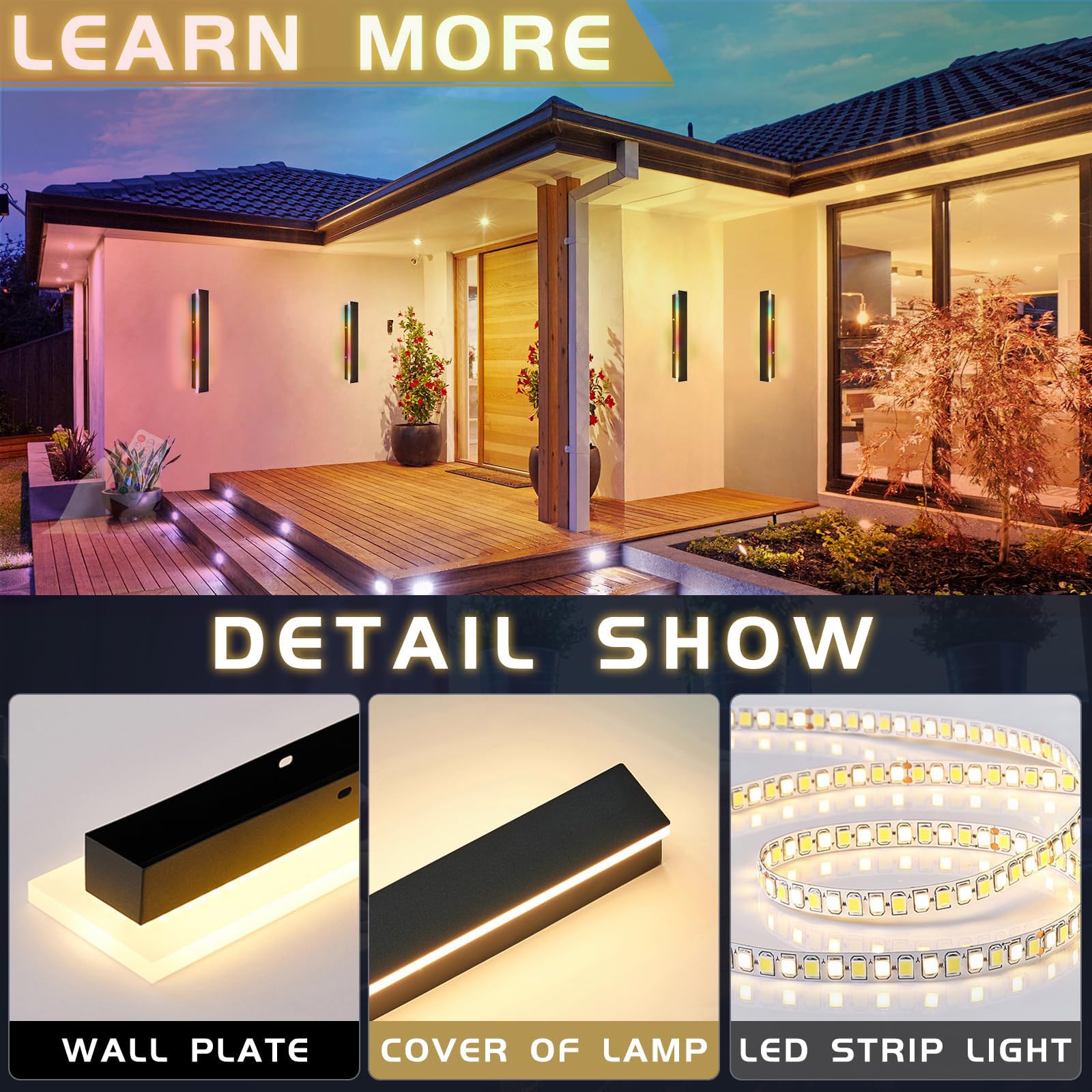 RGB Lang Außen Wandleuchte mit Fernbedienung LED Dimmbar Wandlampe Garden IP65 Wasserdichte Wandlichter Innenbereich Modern Wandlampen Wohnzimmer Schlafzimmer Garten (80cm 46w)