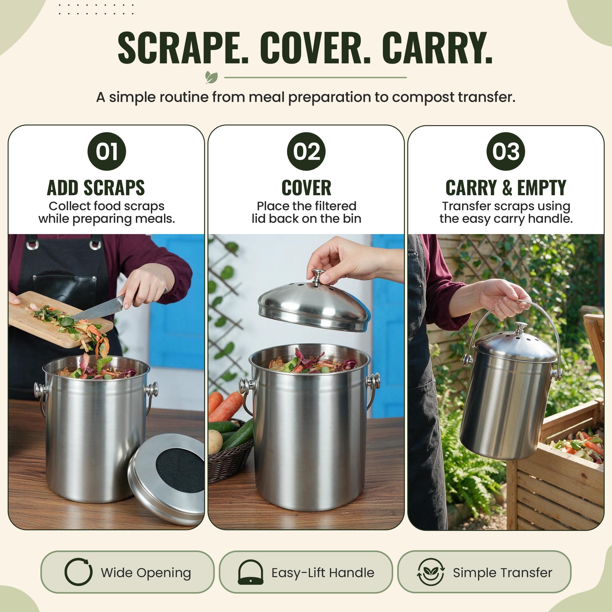 Epica, Secchio per compost da banco da cucina, 5 litri, inodore, con filtri a carbone, da interno, con coperchio, compostiera in acciaio inox per avanzi di cibo e riciclaggio dei rifiuti