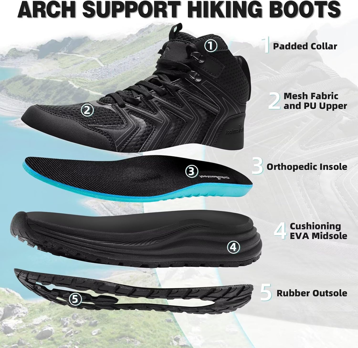 OrthoComfoot Women's Orthopedic Waterproof Mid Trekking Hiking Boots: Comfortable Plantar Fasciitis Ankle Support Workout Walking Running Shoes, Orthotic Trail Boots for Feet and Heel Pain Relief