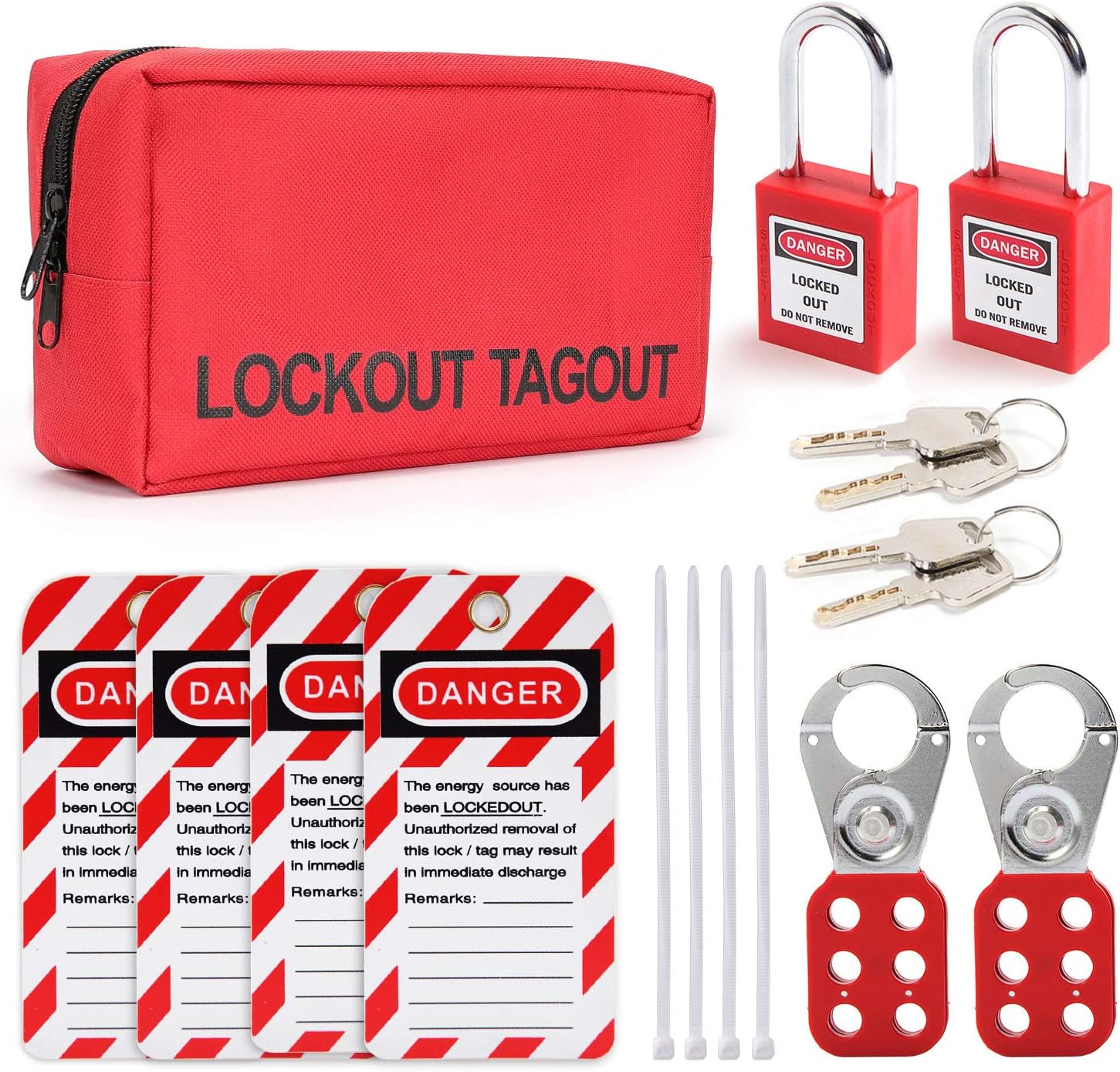 Safety Lockout Tagout Kit - Key Lock, Red, Silver